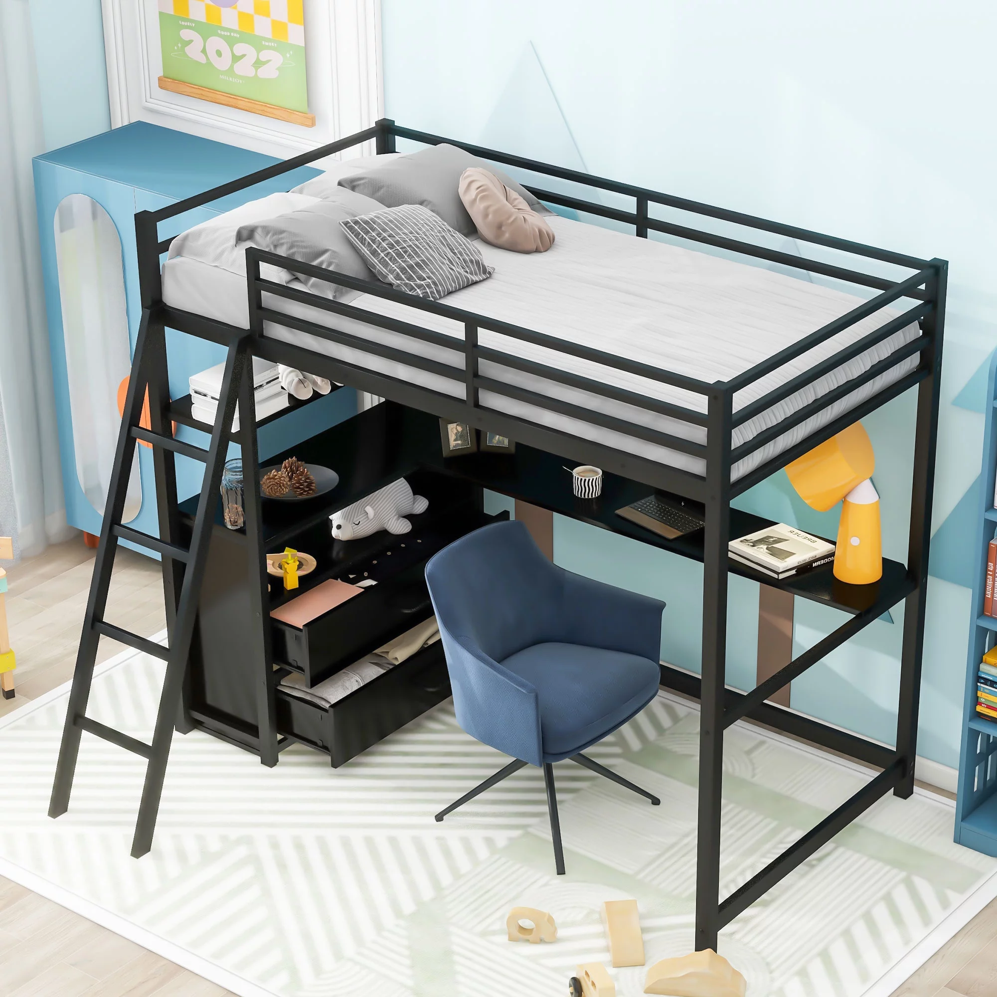 Twin Size Metal&Wood Loft Bed with MDF Desk and Storage Shelf, Multifunctional Loft Bed with Two Built-in Drawers, Space Saving, No Box Spring Needed for Teens Adults(Black, Twin)