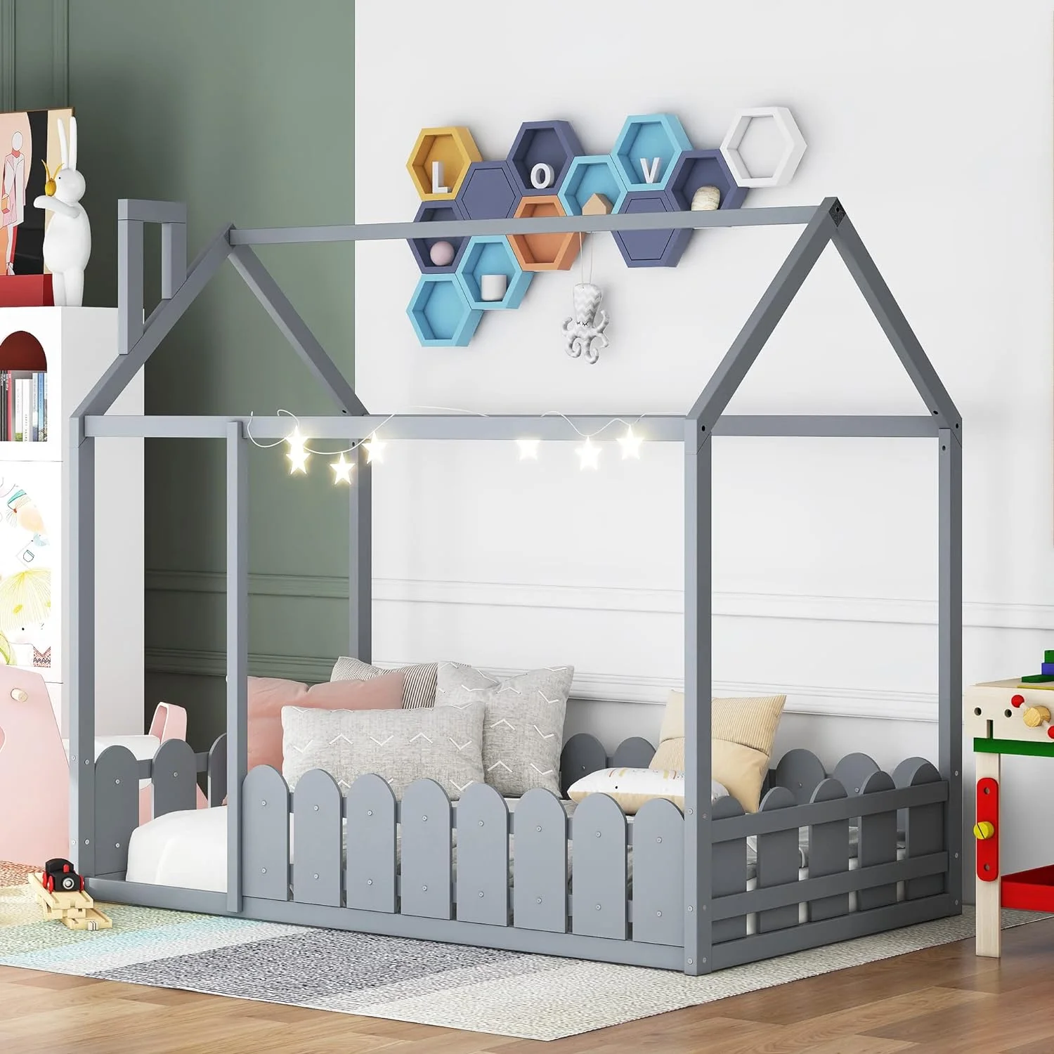Size House Bed With Fence, House Floor Bed Frame With Roof And Chimney, Wooden Cabin Bed For Kids And Teens (Gray)