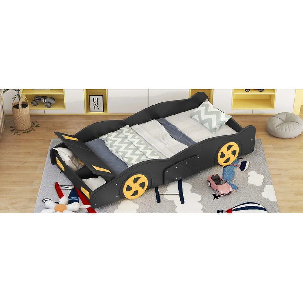 Twin Size Race Car-Shaped Platform Bed with Wheels and Storage, Black+Yellow