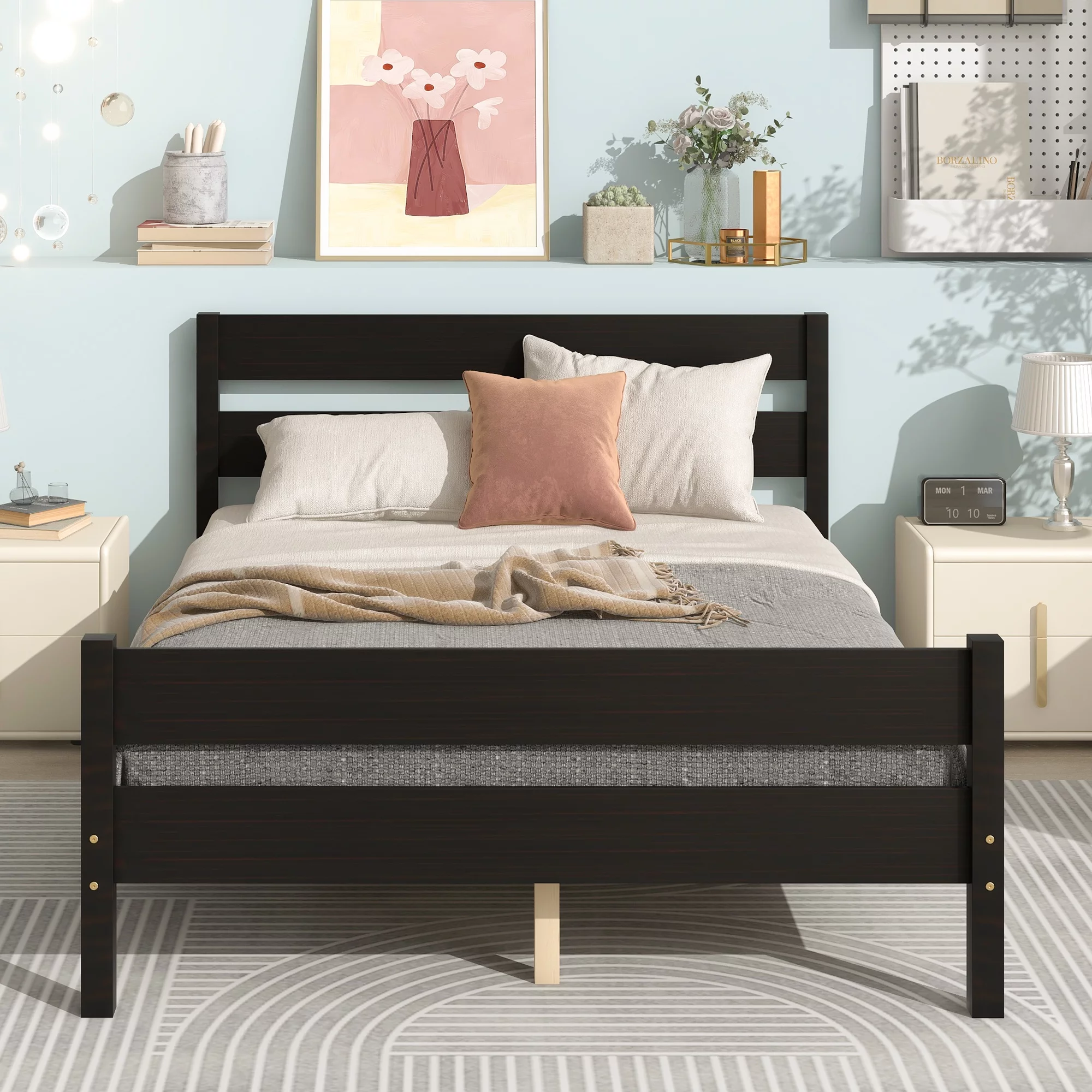 Gewnee Wood Full Size Platform Bed Frame with Headboard and Wood Slat Support for Bedroom,Espresso