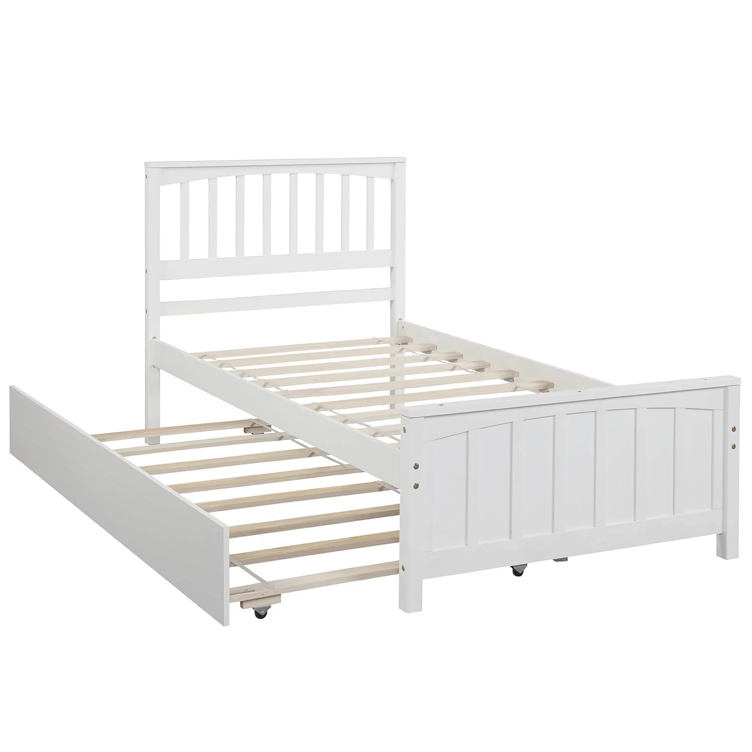 White Twin size Platform Bed with while a Roll-Out Trundle, No box spring required, and without needing a foundation