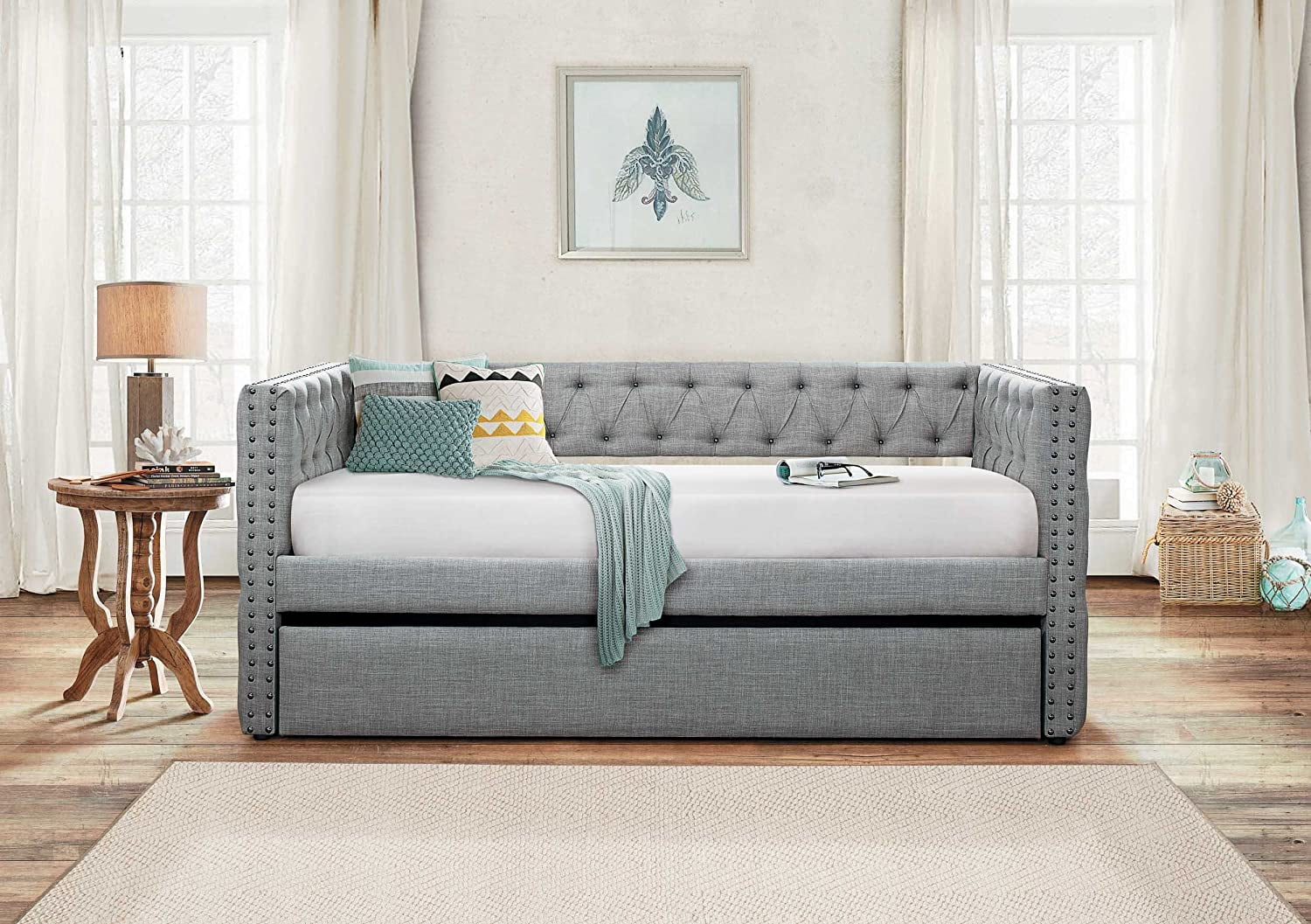 Homelegance Adalie Fabric Upholstered Daybed with Trundle, Twin, Gray