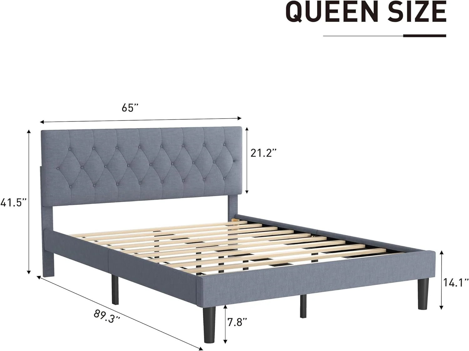 Queen Bed Frame With Headboard, Modern Platform Bed Frame Queen Size With Under-Bed Storage Space, Button-Tufted, Solid Wooden Slats, No Box Spring Needed, Grey