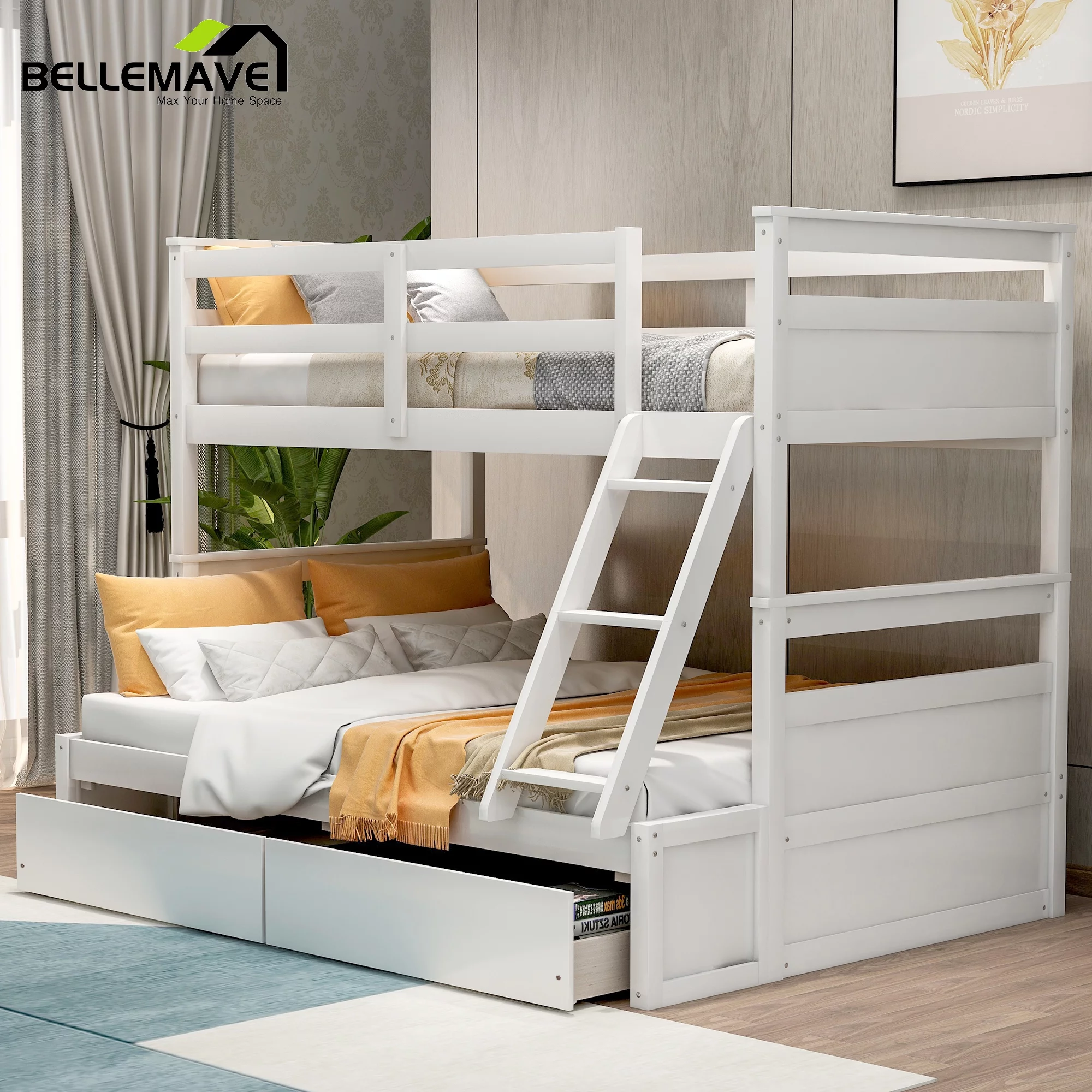 Bellemave White Twin over Full Bunk Bed with 2 Drawers for Kids Child Teen, Wood Storage Bunk Bed Twin over Full Size with Inclined Ladder for Bedroom
