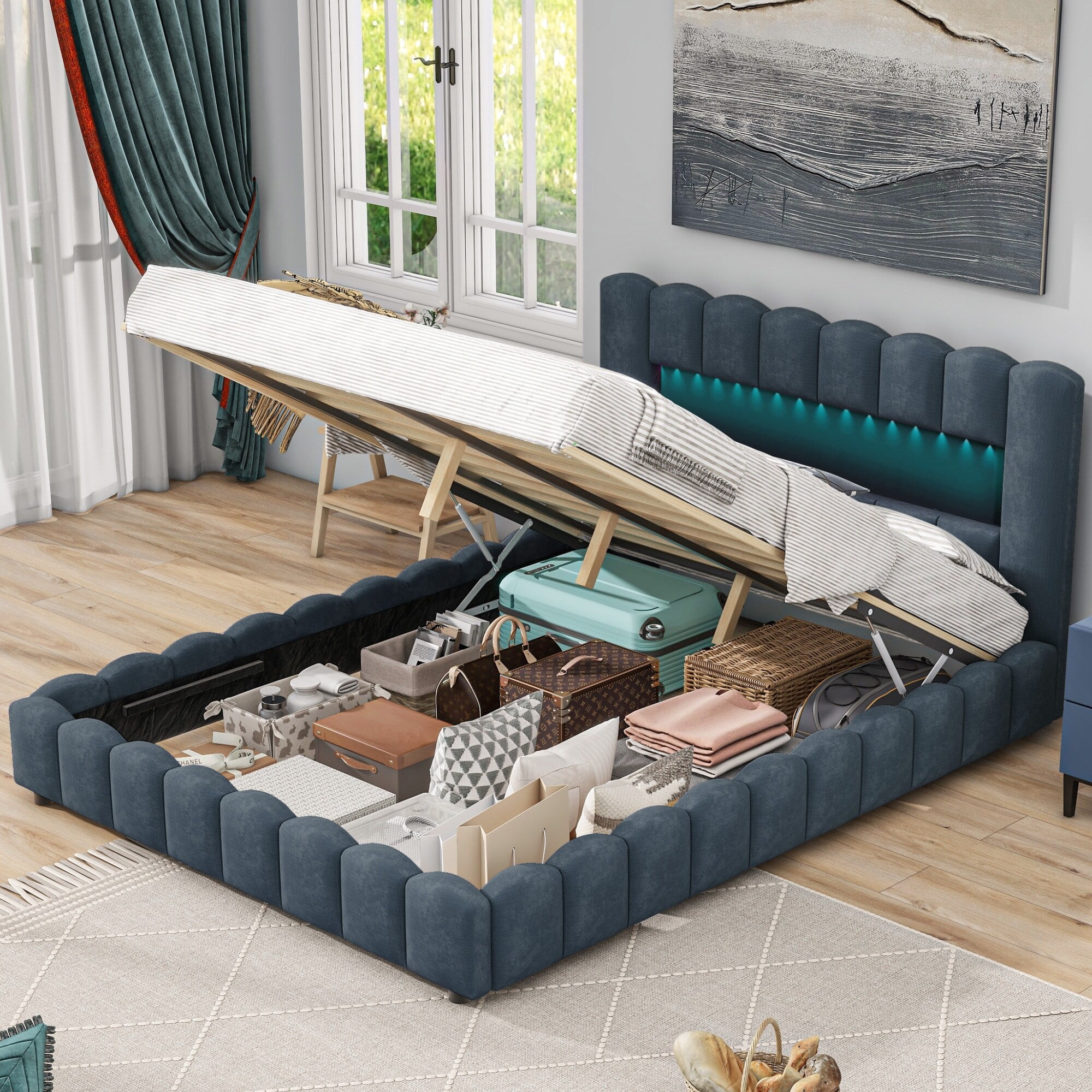 Queen Size Upholstered Platform Bed with LED Lights Headboard, Built-in Shelf, USB and Underneath Storage Blue - Queen