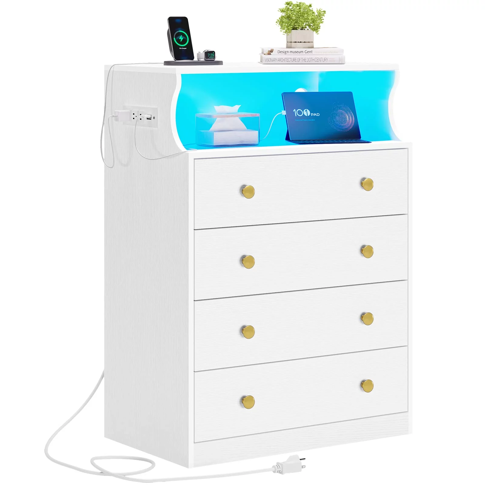 Afuhokles 4 Drawer Dresser with LED Lights and Charging Station, Chest of Drawers with Open Shelves, White