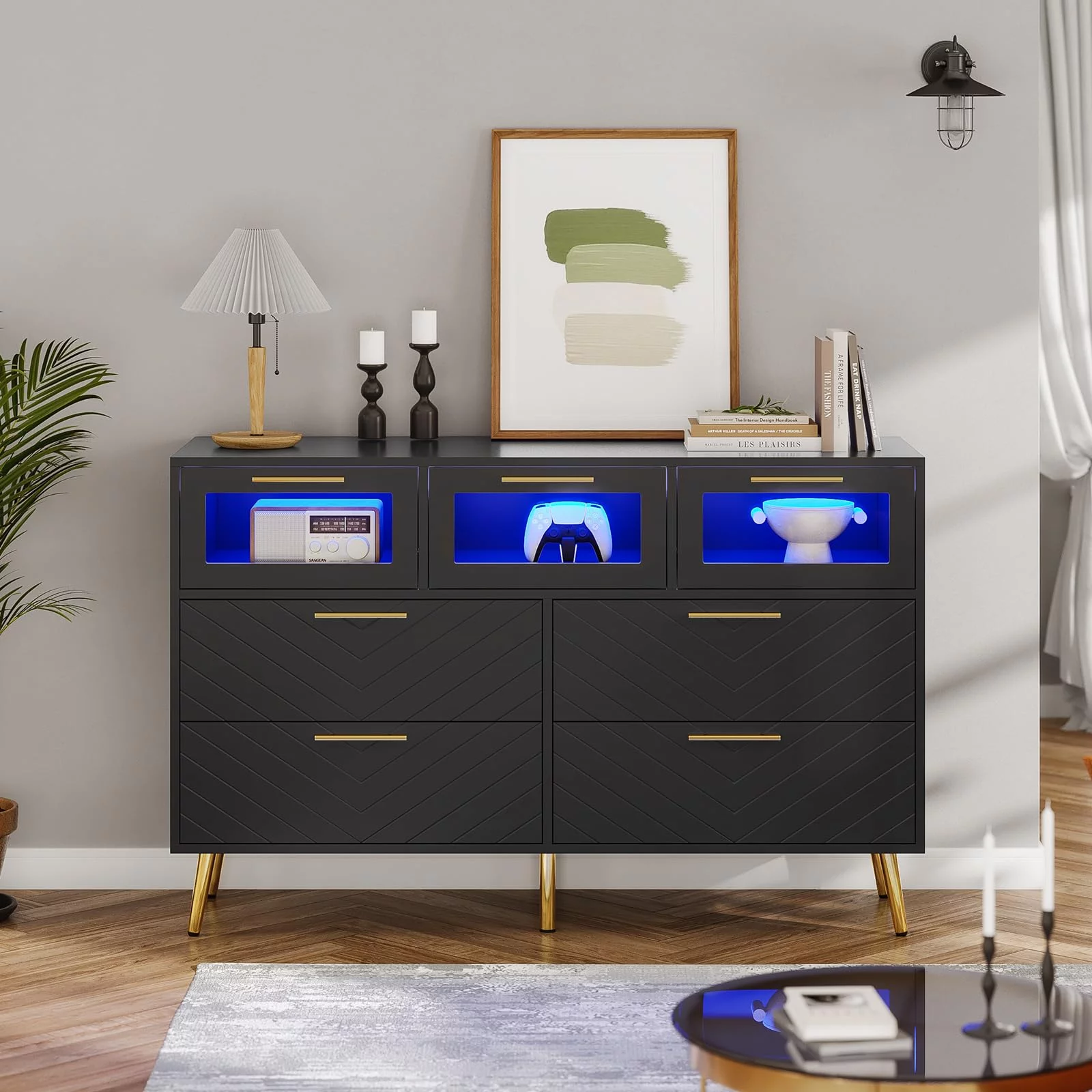 7 Drawer Dresser with Led Light for Bedroom,Dressers & Chests of Drawer with with Wide Storage Organizer,Milled Grooves Design,Black