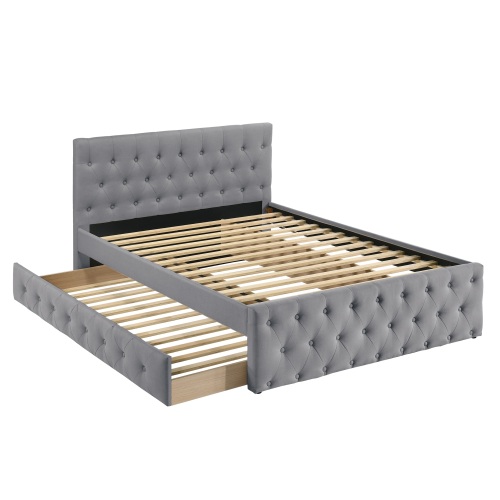 Contemporary Full Size Bed w/ Trundle Slats Light Grey Burlap Upholstered Button Tufted Headboard Footboard Youth Bedroom Furniture wooden Slats 1pc Bed