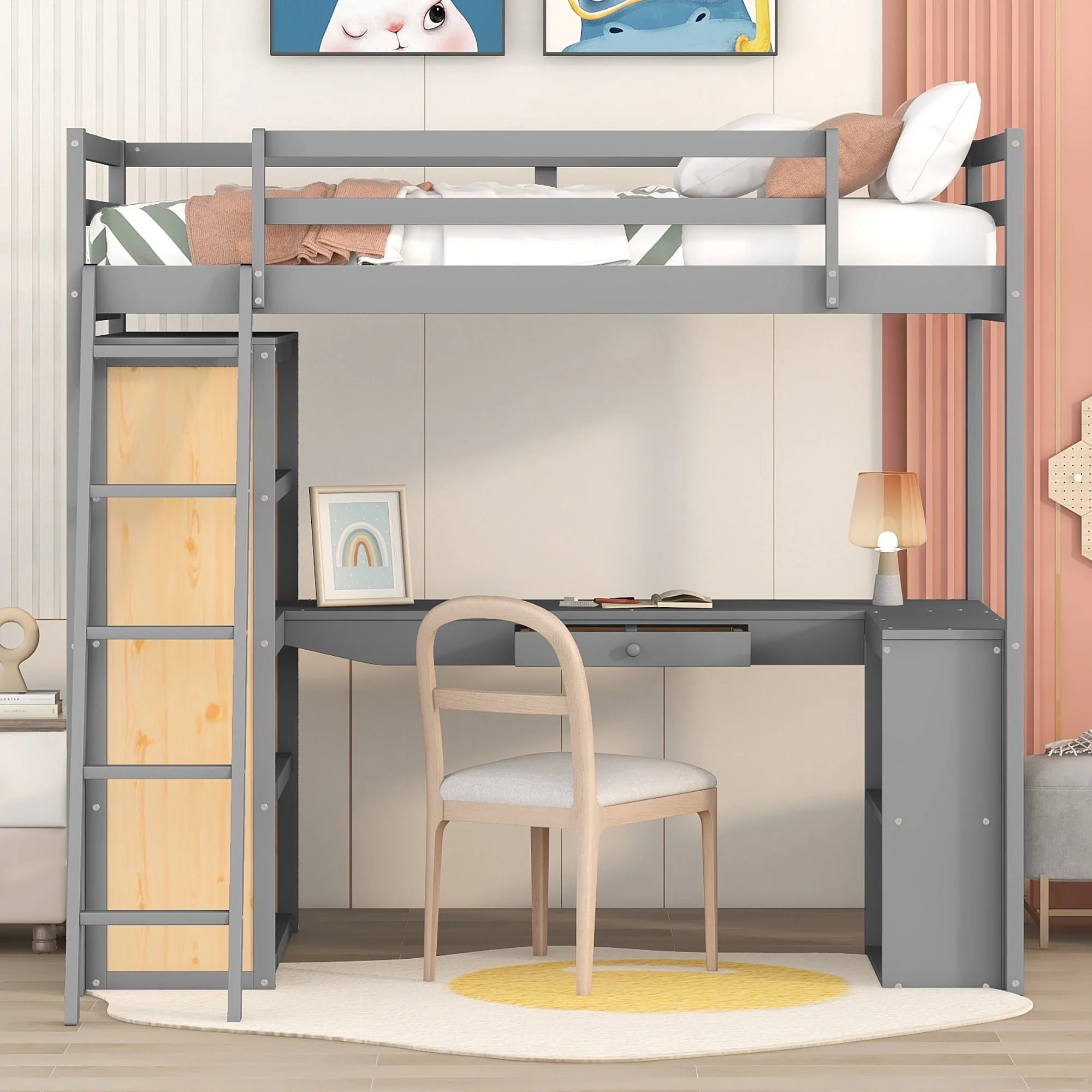 CoSoTower Twin Size Loft Bed with Ladder, Shelves, and Desk, Gray