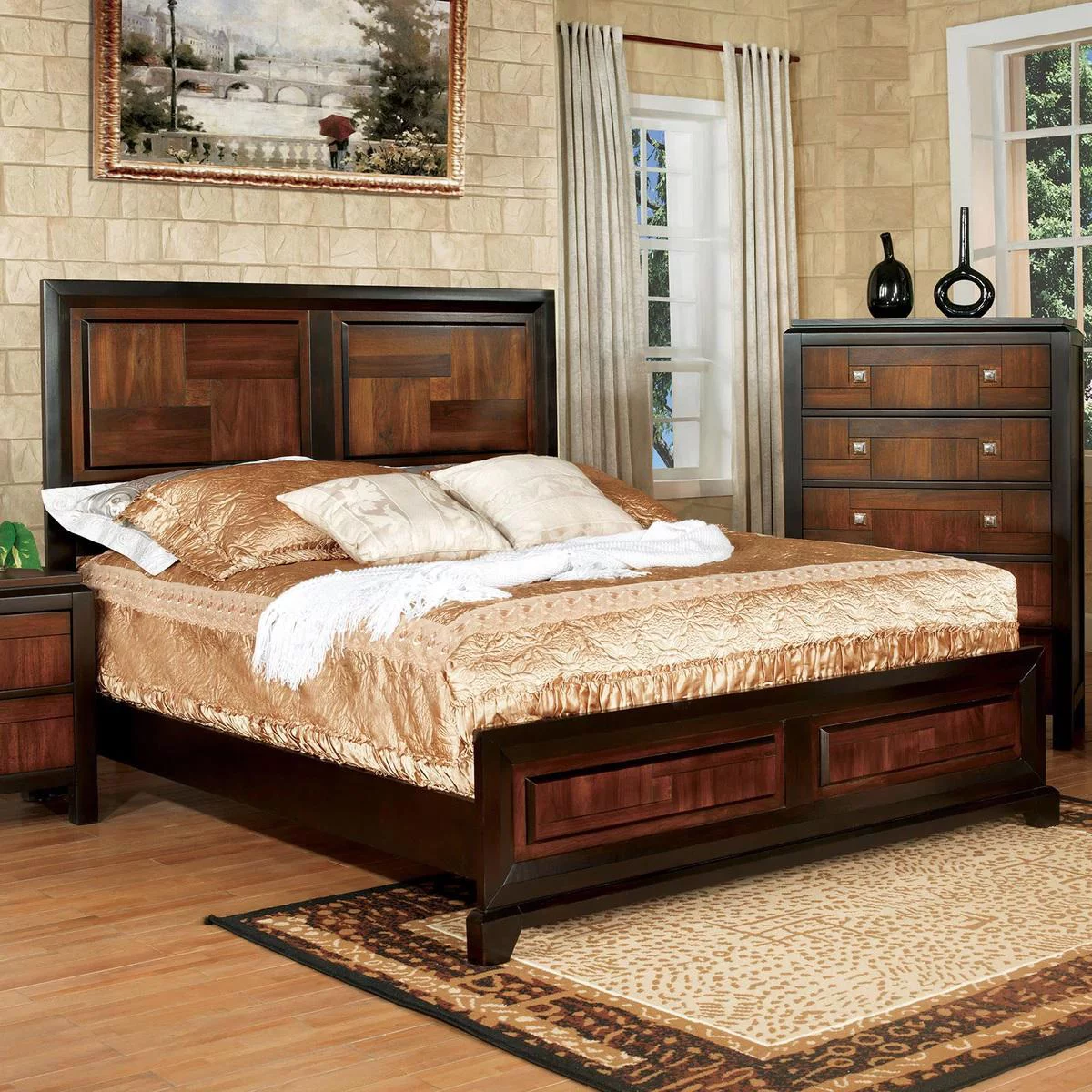 Acacia & Walnut Solid Wood Queen Bedroom Set 6pcs FOA CM7152-Q Patra