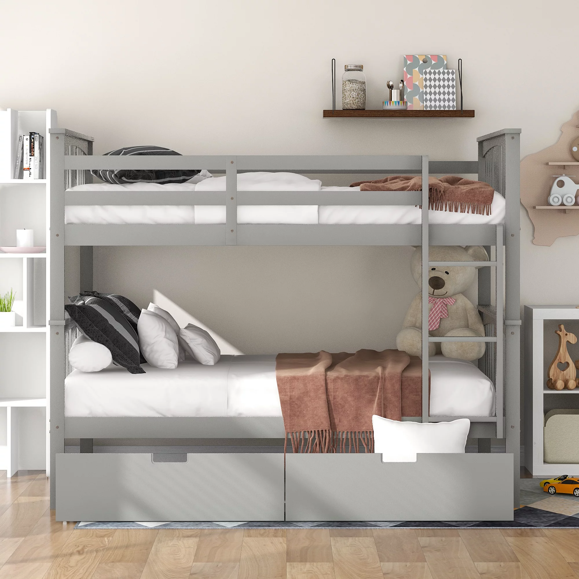 CoSoTower Full over Full Bunk Bed with Drawers and Ladder for Bedroom, Guest Room Furniture-Gray