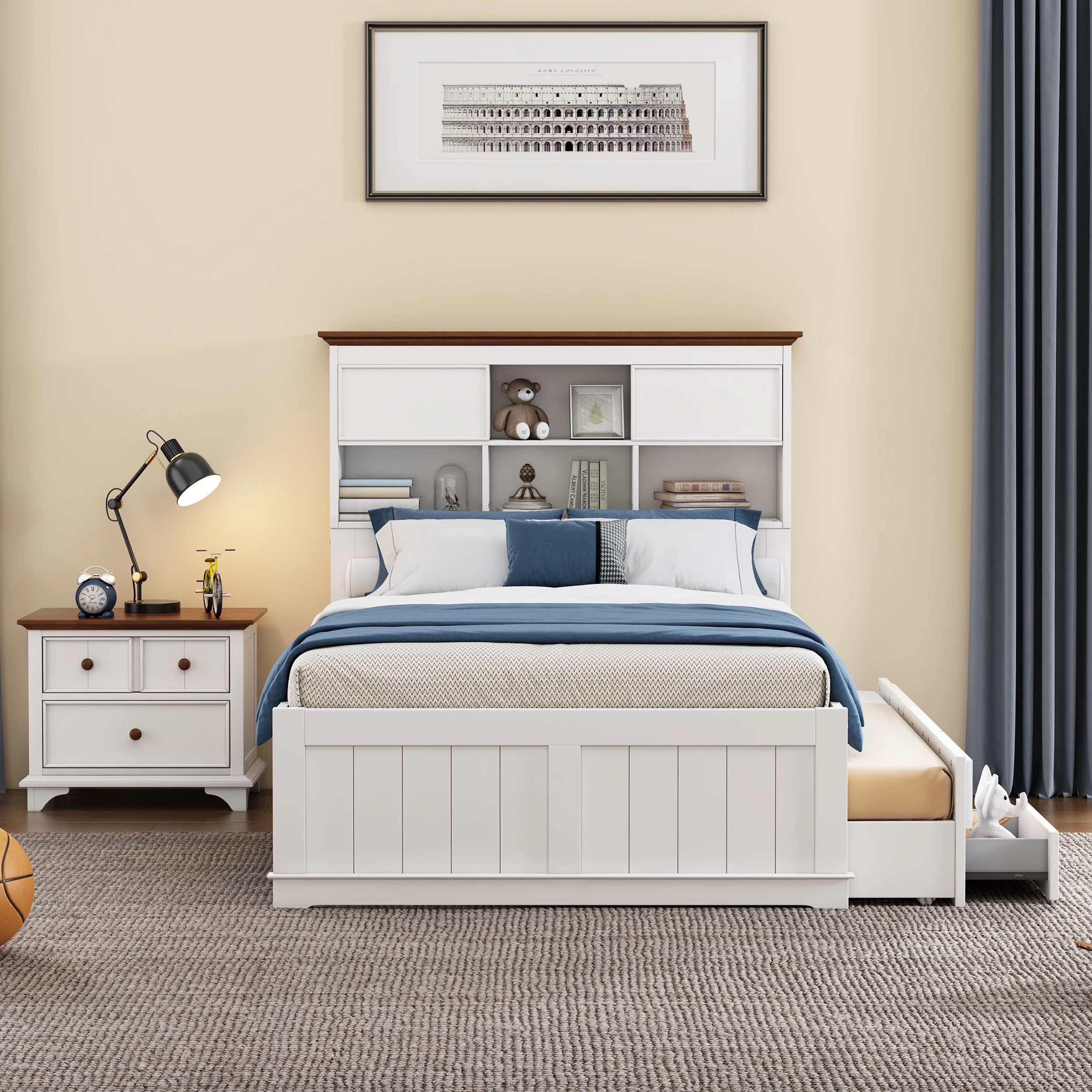 Royard Oaktree 2 Pieces Wooden Captain Bedroom Set Full Bed with Trundle, 2-Drawer Nightstand, White+Walnut