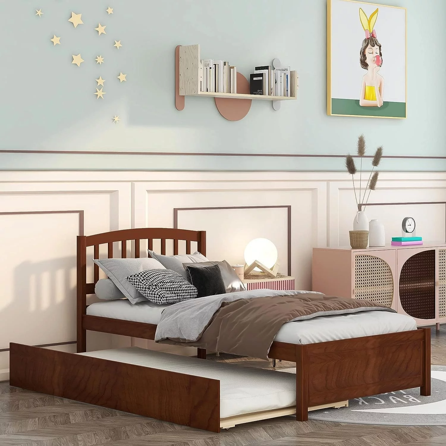 Bed Frame With Trundle, Bed Frame With Headboard, Wood Platform Bed With Pull Out Trundle For Kids, Guest Room,No Box Spring Needed,Walnut
