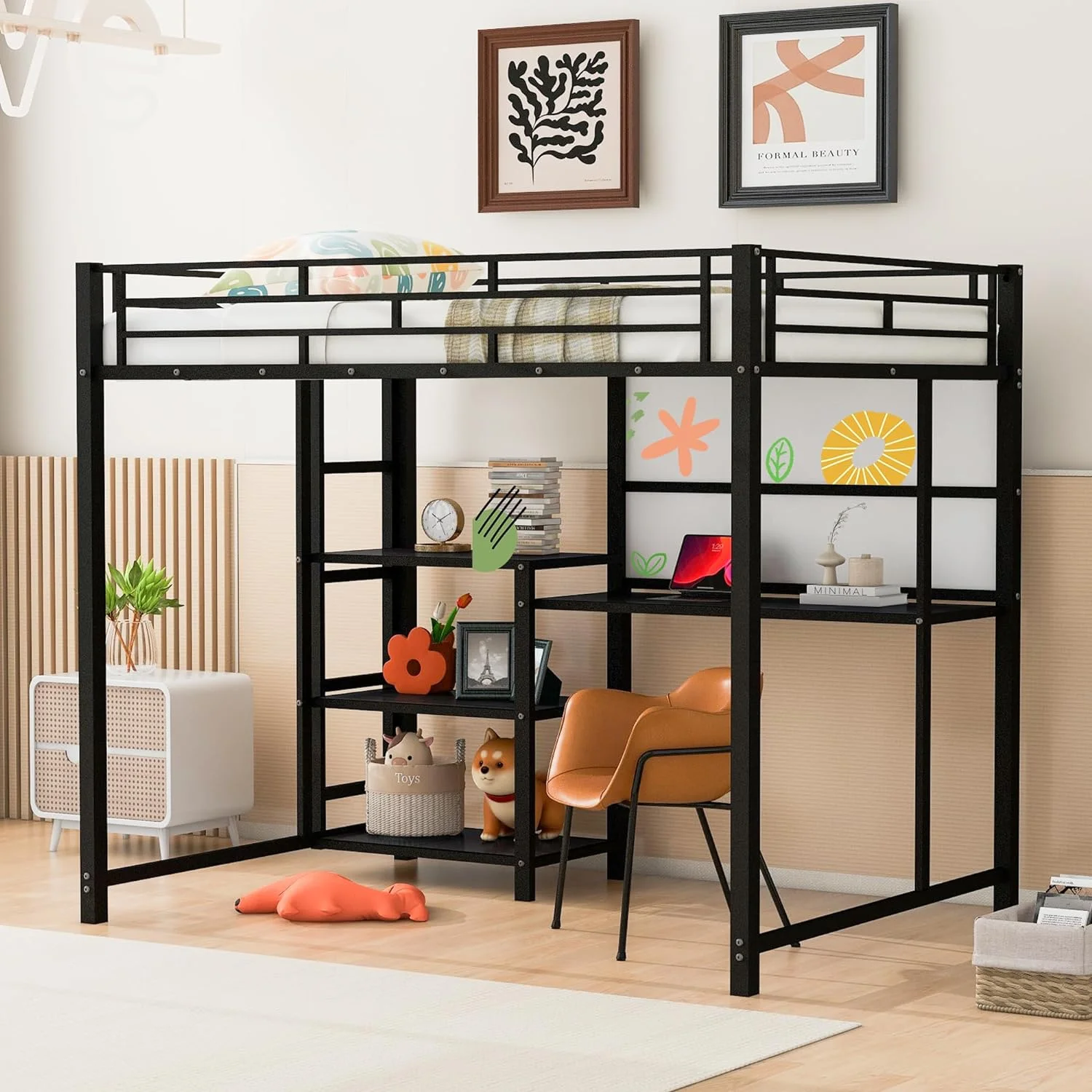 Full Size Loft Bed With Desk And Whiteboard, Metal Full Loft Bed With 3 Storage Shelves, Safety Guardrail And Ladder, Space-Saving, Noise Free, Black
