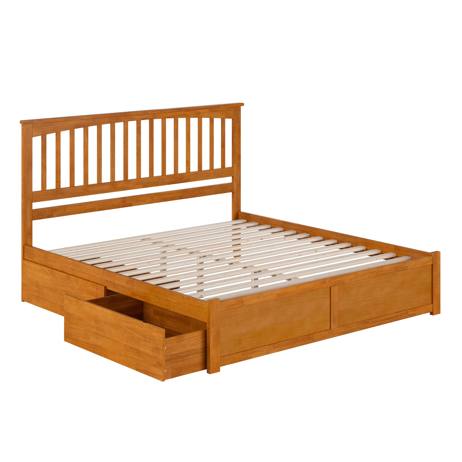 Mission King Wood Platform Bed with Footboard & Storage Drawers in Light Toffee