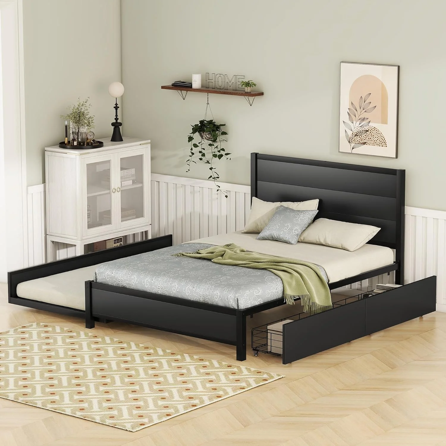 Full Metal Platform Bed Frame,Full Size Storage Platform Bed With Size Trundle And 2 Underneath The Bed Drawers,Black