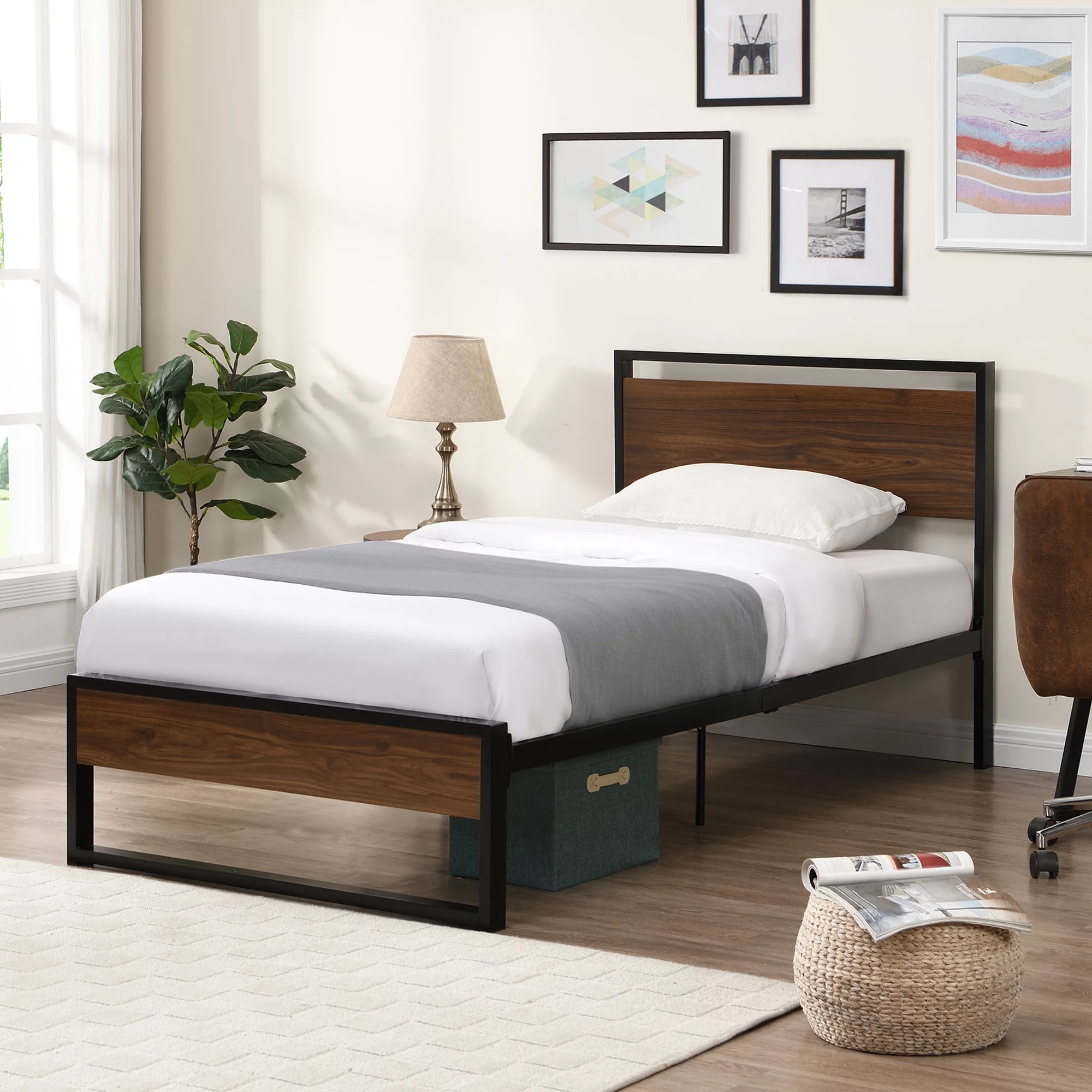 SYNGAR Industrial Platform Bed Frame Twin Size With Wooden Headboard and Footboard, Metal Legs Support, No Box Spring Needed, Heavy Duty Steel Twin Bed Frame with 800LBS Weight Capacity, Black