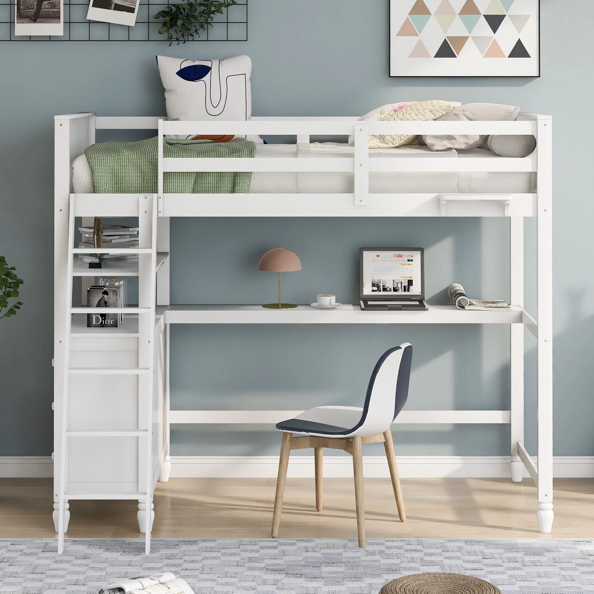 Pine Wood Twin Size Loft Bed with Desk and Shelves, Built-in Drawers, Space-Saving Dorm Apartment Bedroom Loftbed Frame W/Guardrail, Ladder for Kids Adults Bedroom