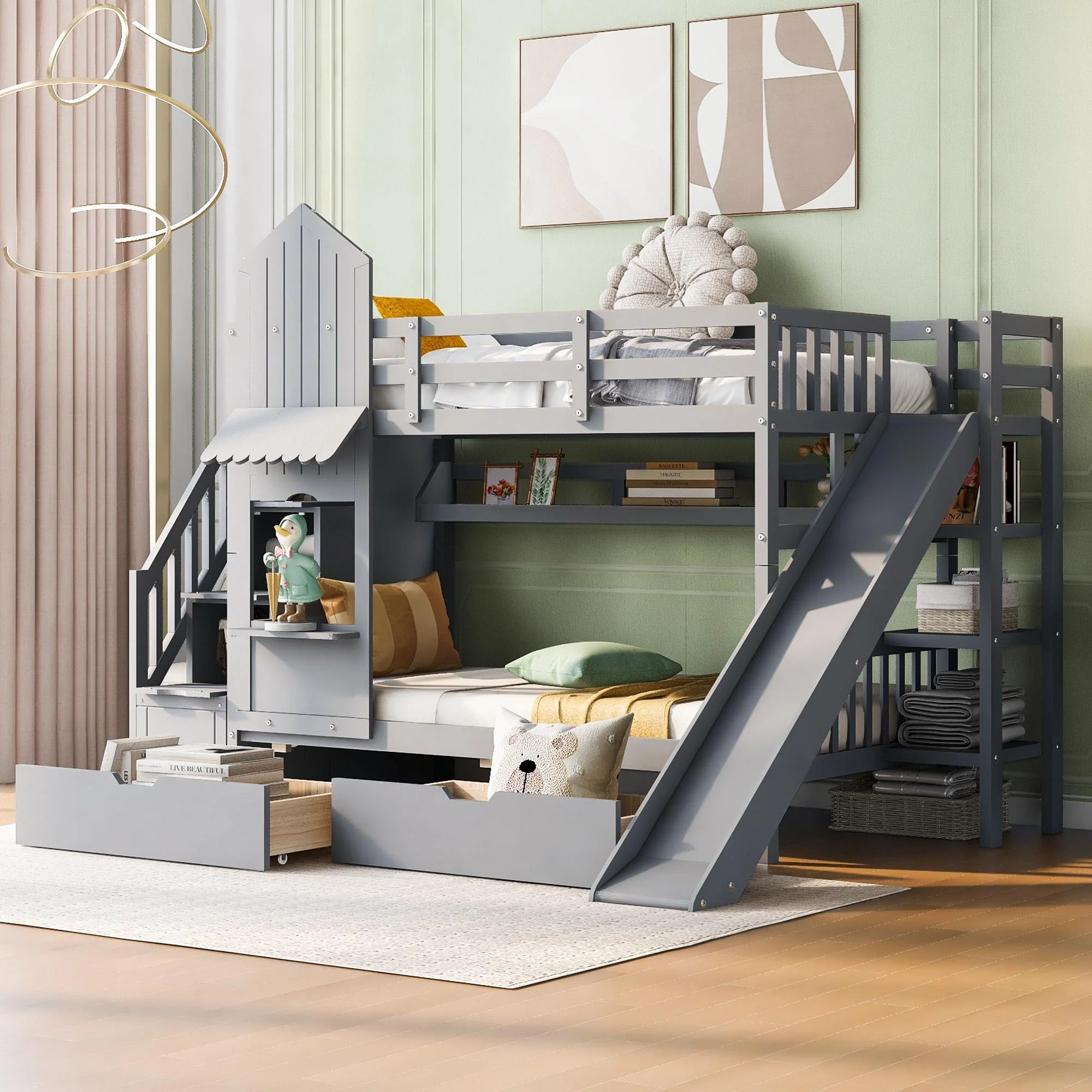 uhomepro Twin-Over-Twin Bunk Bed, Castle Style Bunk Bed with 2 Drawers 3 Shelves, Playhouse Style Bunk Bed with Side Ladders Slide for Kids Teens Boys Girls, Gray