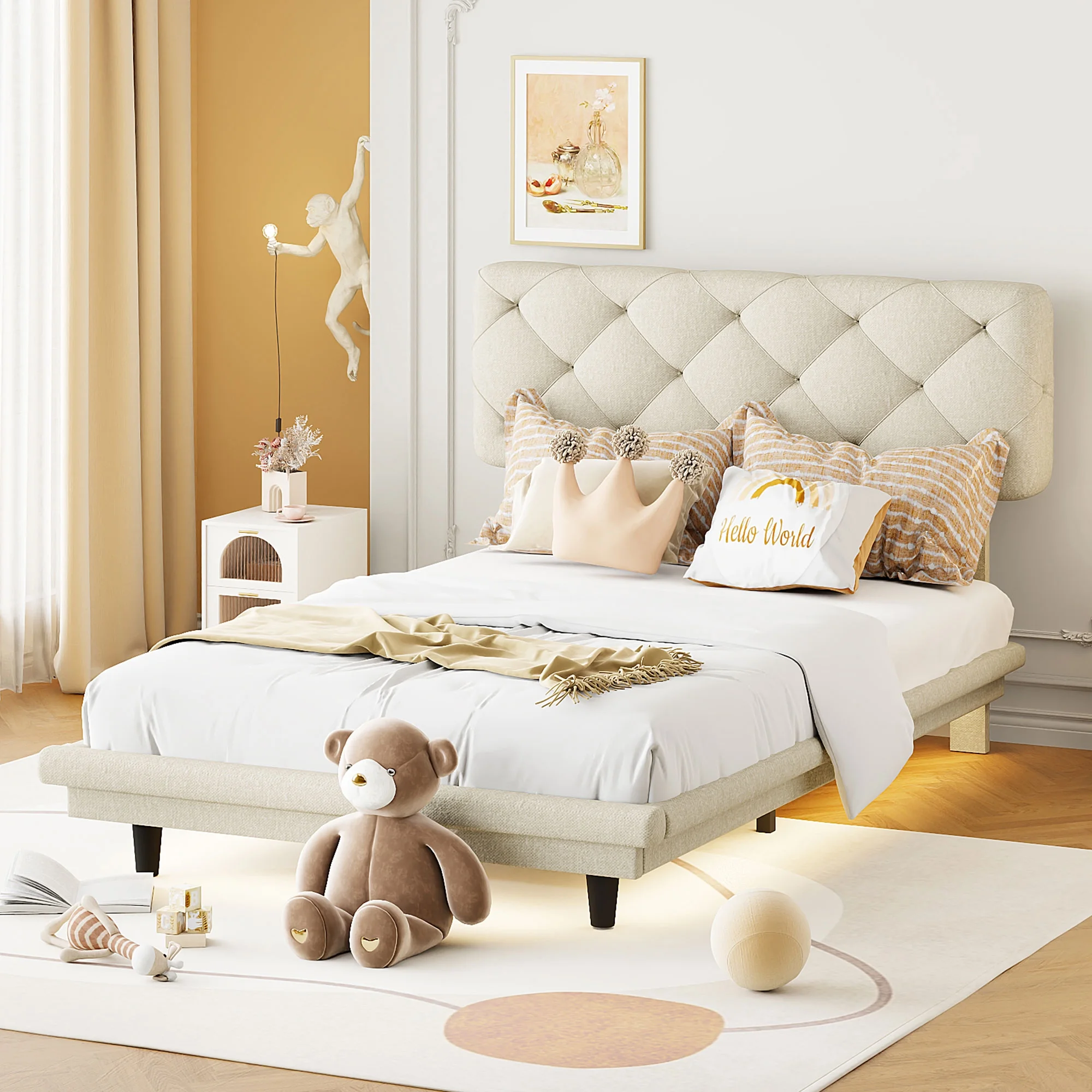 CoSoTower Twin Size Upholstered Bed with Light Stripe, Floating Platform Bed, Linen Fabric,Beige