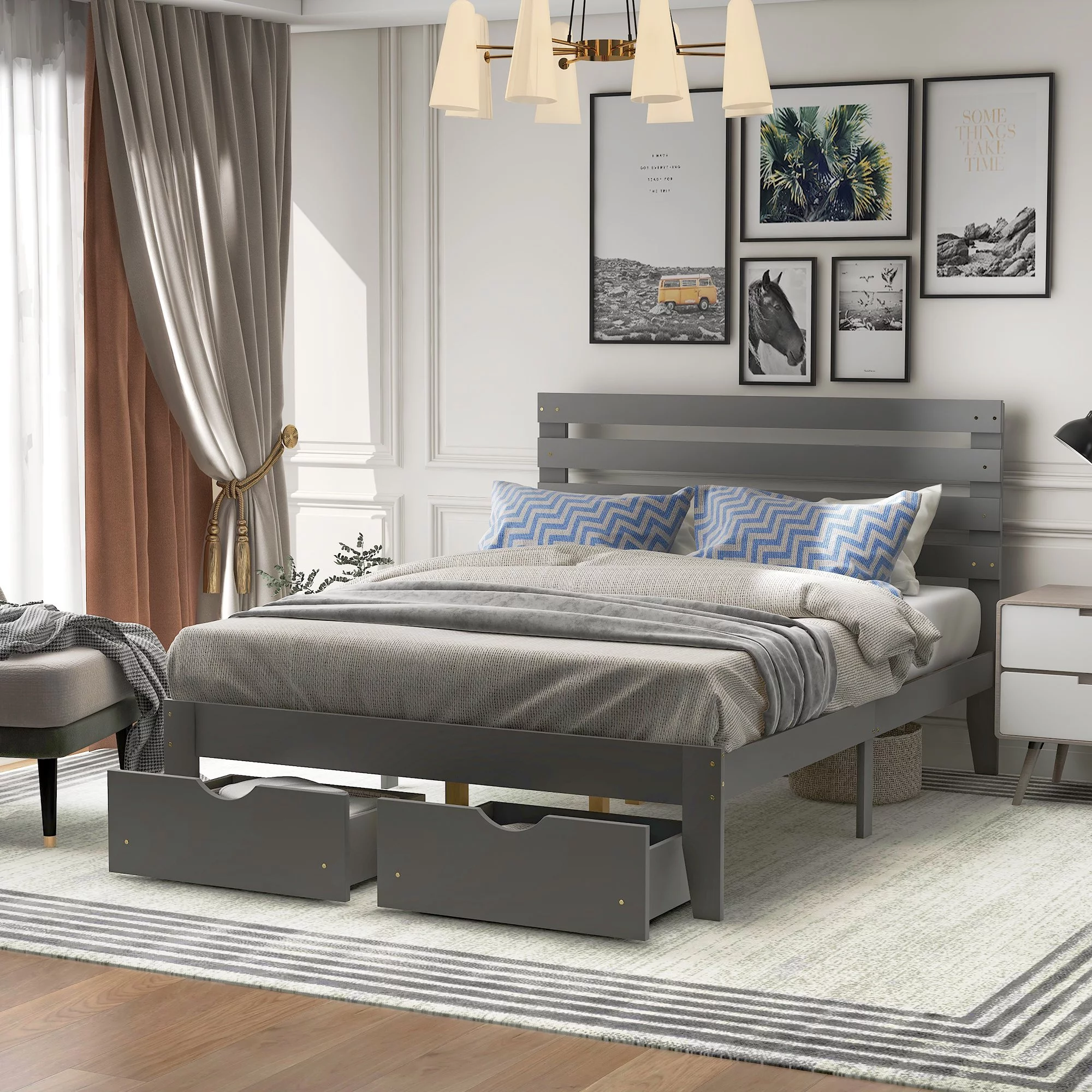 Full Platform Bed with Drawers, Wood Platform Bed with Headboard for Kids Room, Gray