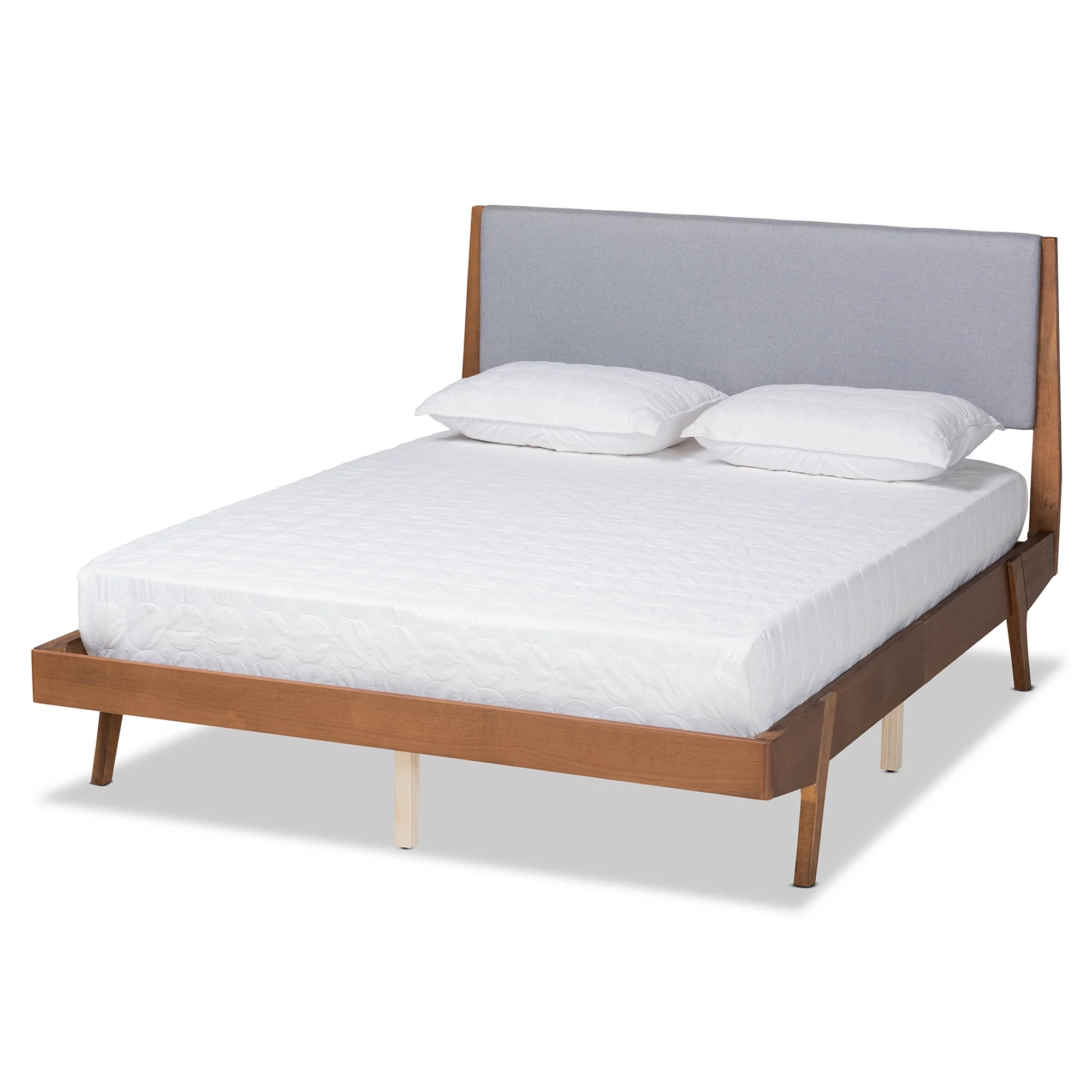 Baxton Studio Sennae Mid-Century Modern Grey Fabric Upholstered and Walnut Brown Finished Wood Full Size Platform Bed