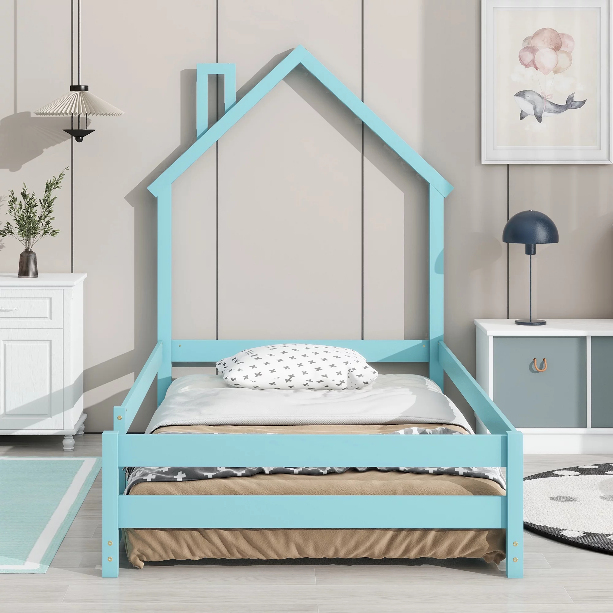 Child's cot ,Twin Size Wood bed with House-shaped Headboard Floor bed with Fences,Light Blue
