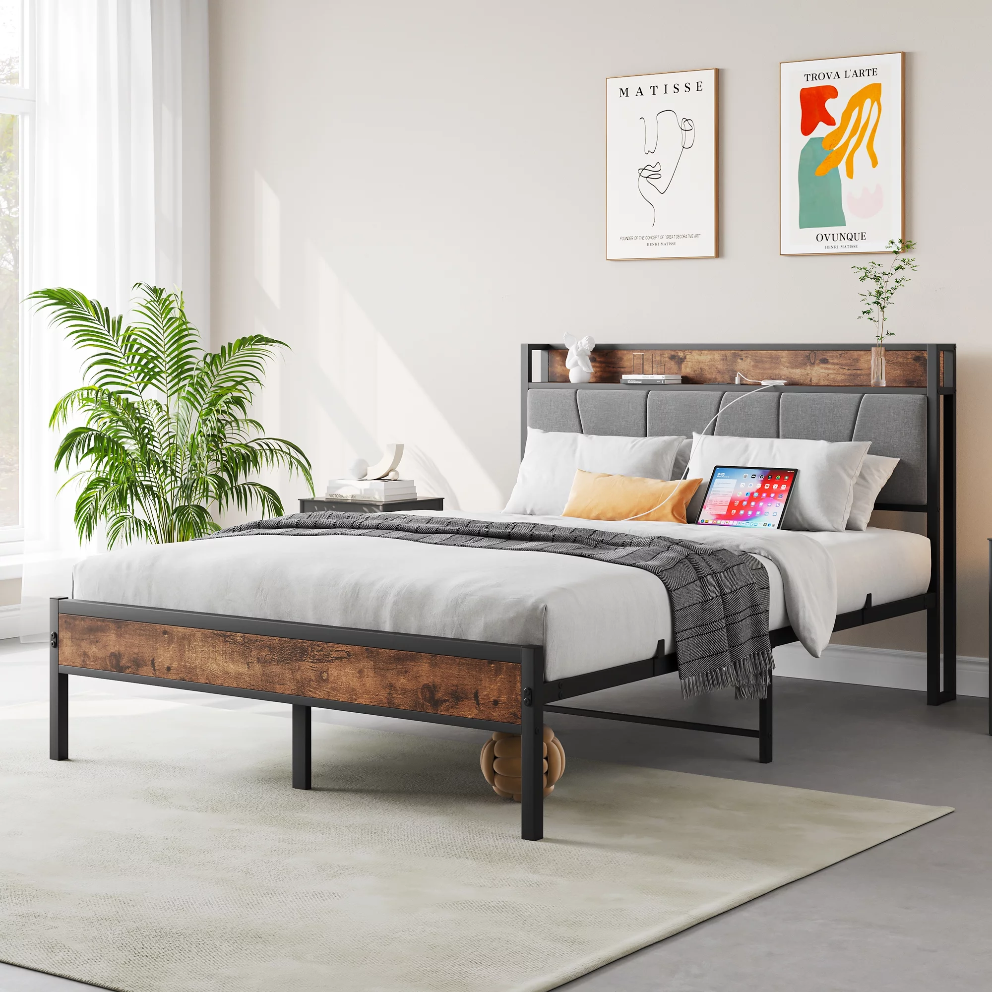 paproos Full Metal Platform Bed, Queen Steel Bed with Vintage Headboard, Black Metal Bed Frame with Heavy Duty Steel Slats, Storage Headboard with Charging Station, No Box Spring Needed, Easy Assembly
