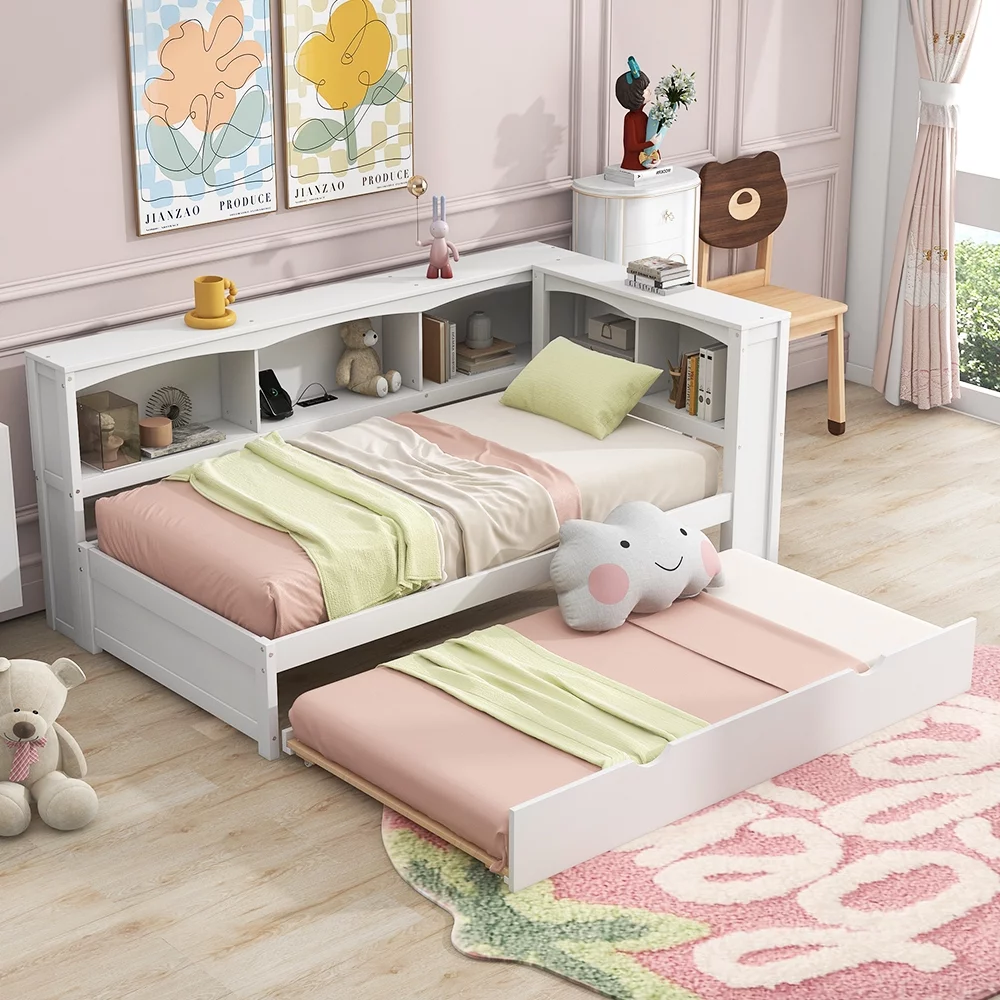 CoSoTower Twin Size Daybed with Trundle, Storage Cabinets and USB Ports, White