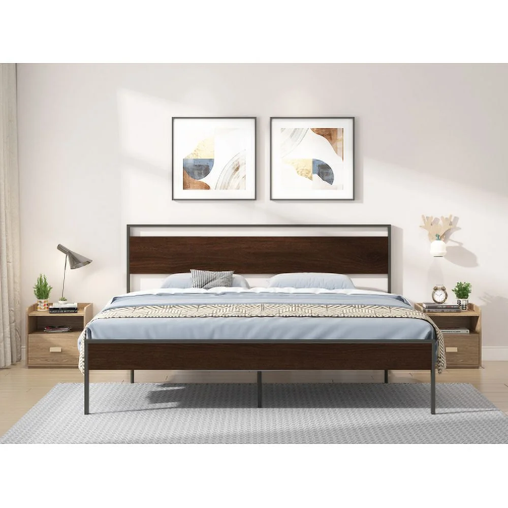 Ceres Metal Bed, Black with Walnut wood Headboard&Footboard, King