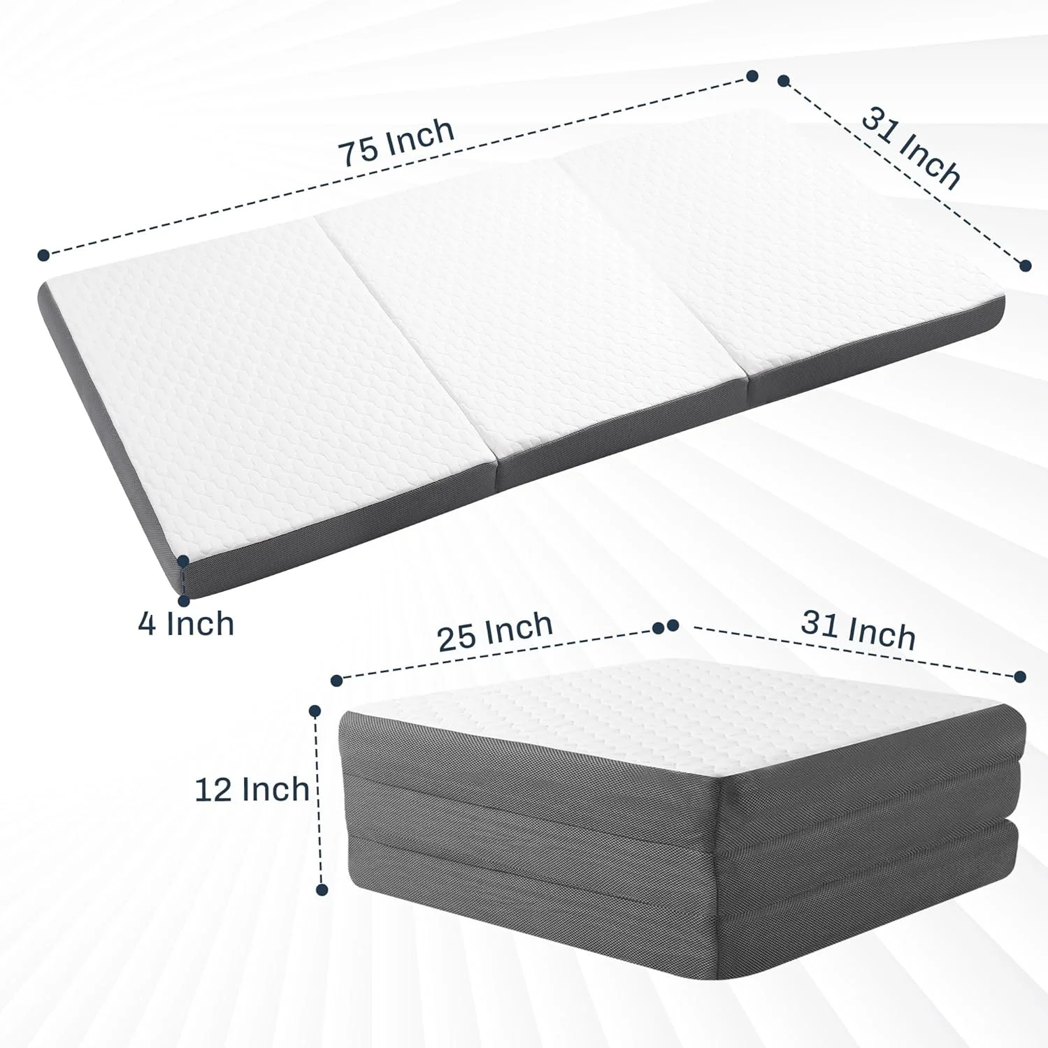 Tri Folding Mattress with Memory Foam Layer - Trifold Foldable Bed Mattress with Washable Cover | Non-Slip Bottom Camping Floor Mattress Perfect Guest Bed, Cot Bed Mattress 75