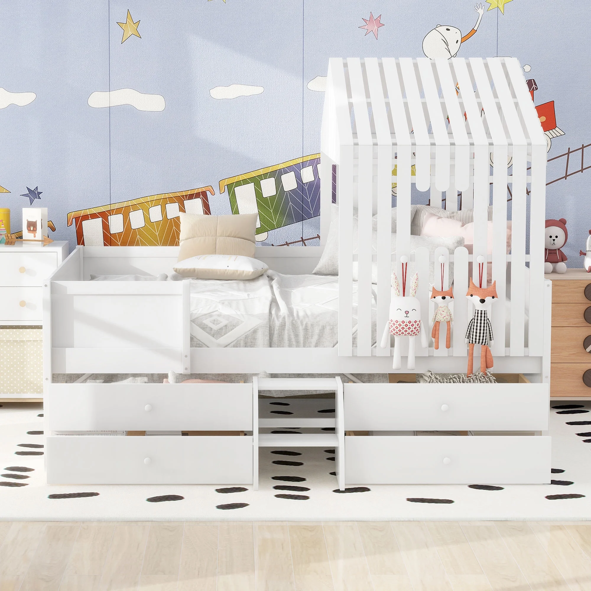 CoSoTower Full Size House Low Loft Bed with Four Drawers,White