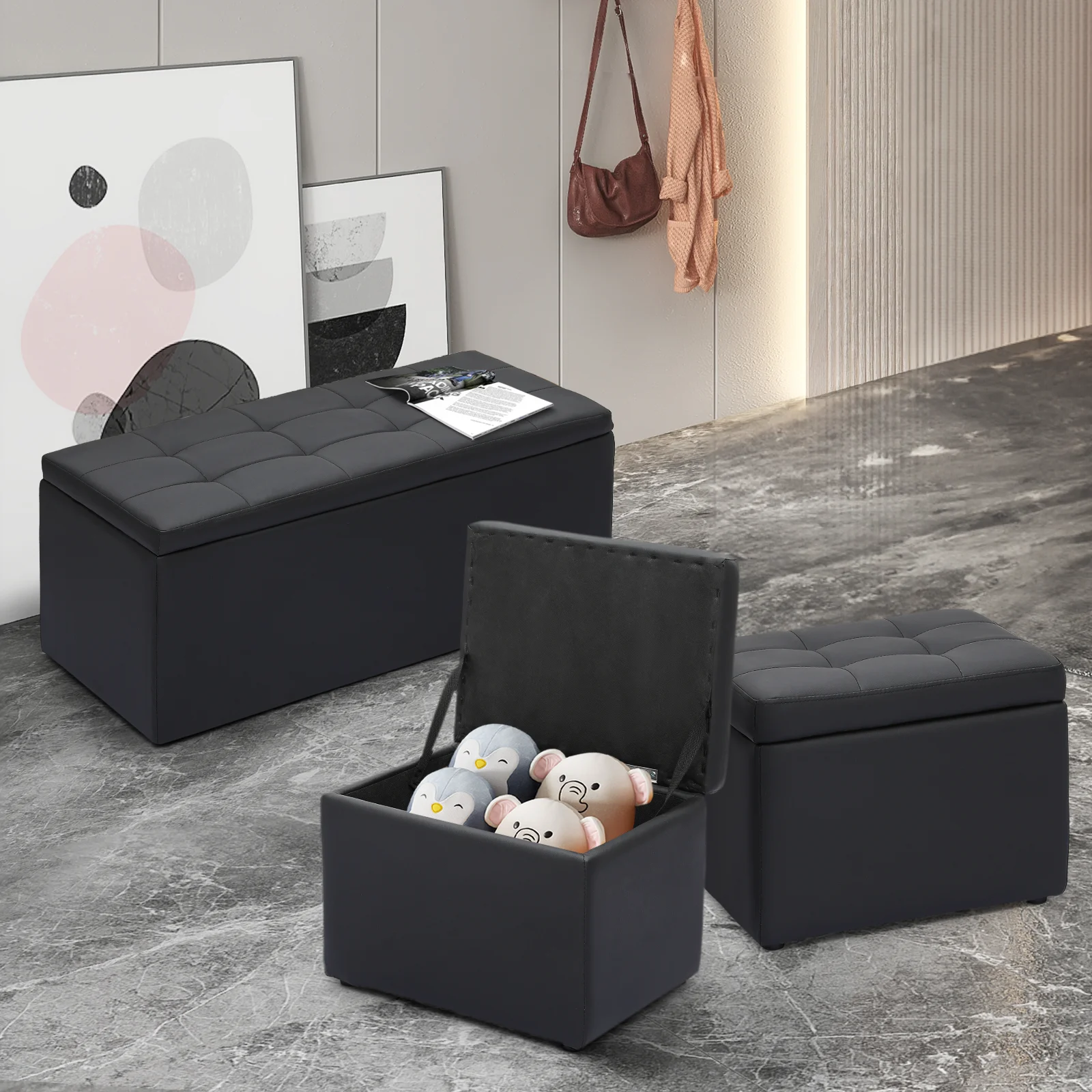 Magshion Set of 3 Tufted Storage Ottoman, PU Leather Entryway Shoe Bench, Livingroom Lift Top Pouffe Storage Cube Footstool, Black