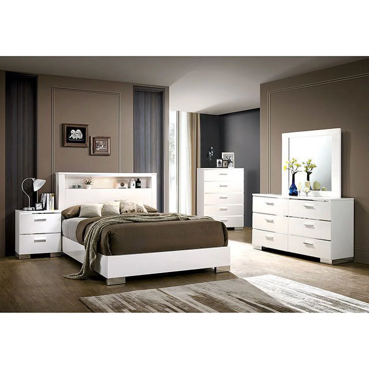 4pc Queen Size Platform Bed Headboard Shelves Bedroom Furniture Set White Finish