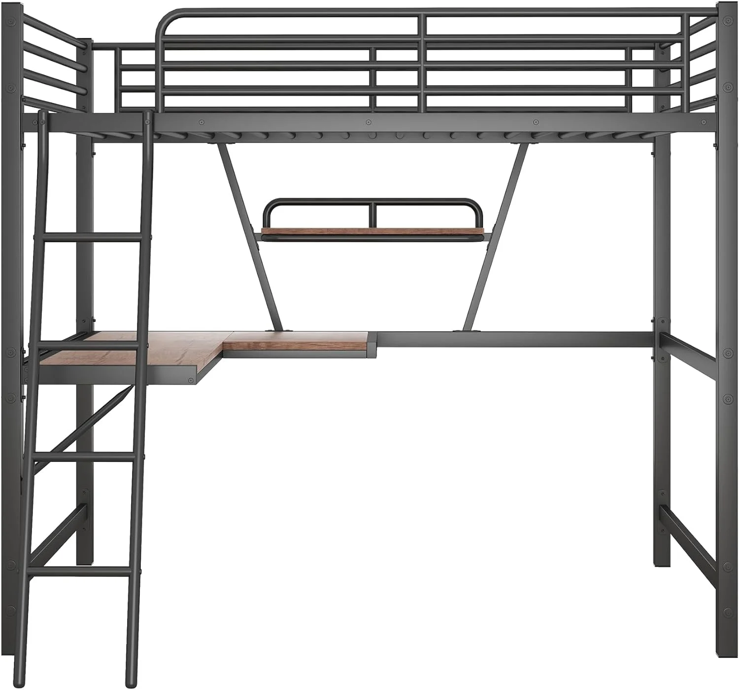 Full Size Metal Loft Bed Frame With L-Shaped Desk, Ladder And Shelf