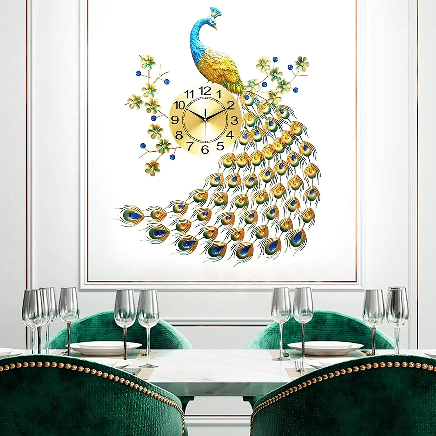 OUKANING Modern Peacock Large Wall Clock Luxury Diamond Metal Big Watch Living Room Decor
