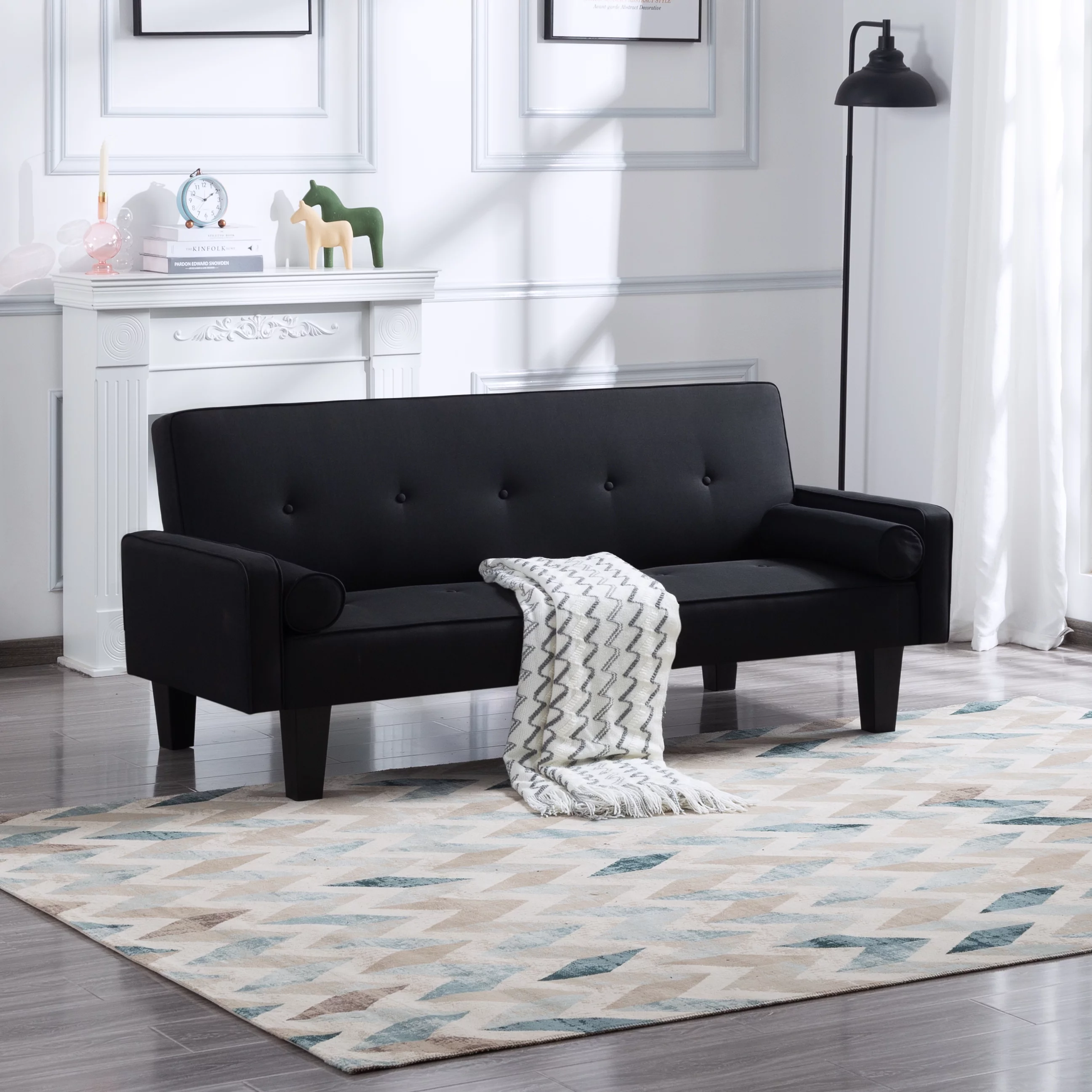 BSHTI 71.3 inch European Style Converted Futon Sofa Bed,Modern Sofa Sleeper with Two Pillows for Livingroom(Black)