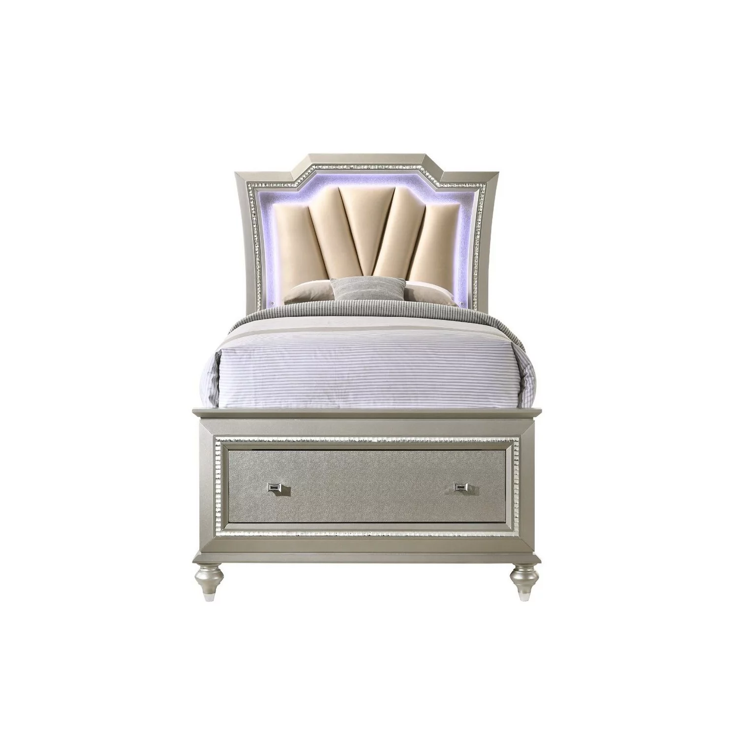 Benjara Twin Bed with 1 Drawer and Padded Headboard, Champagne Gold