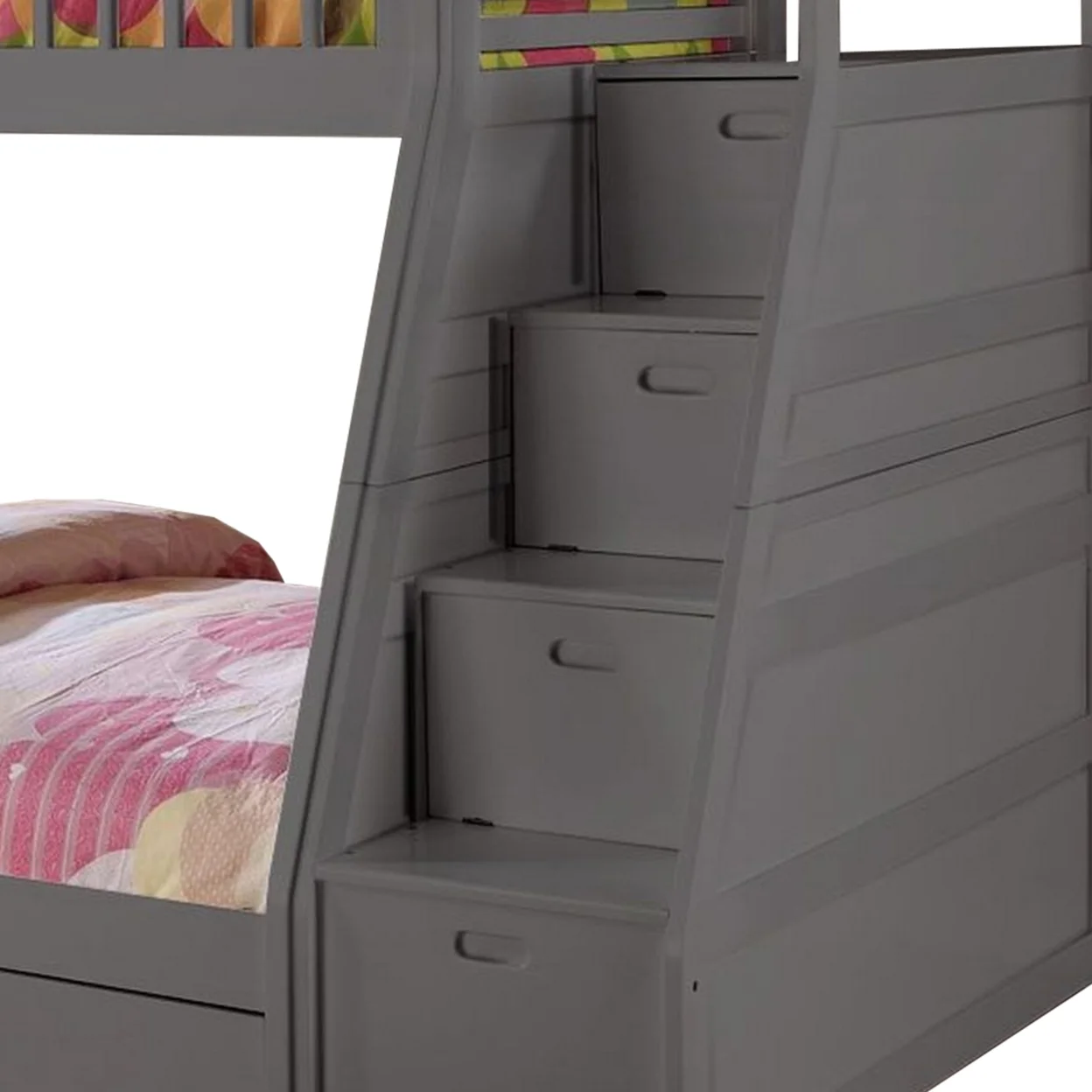 2 Drawer Wooden Twin Over Full Bunk Bed with Storage Staircase, Gray- Saltoro Sherpi