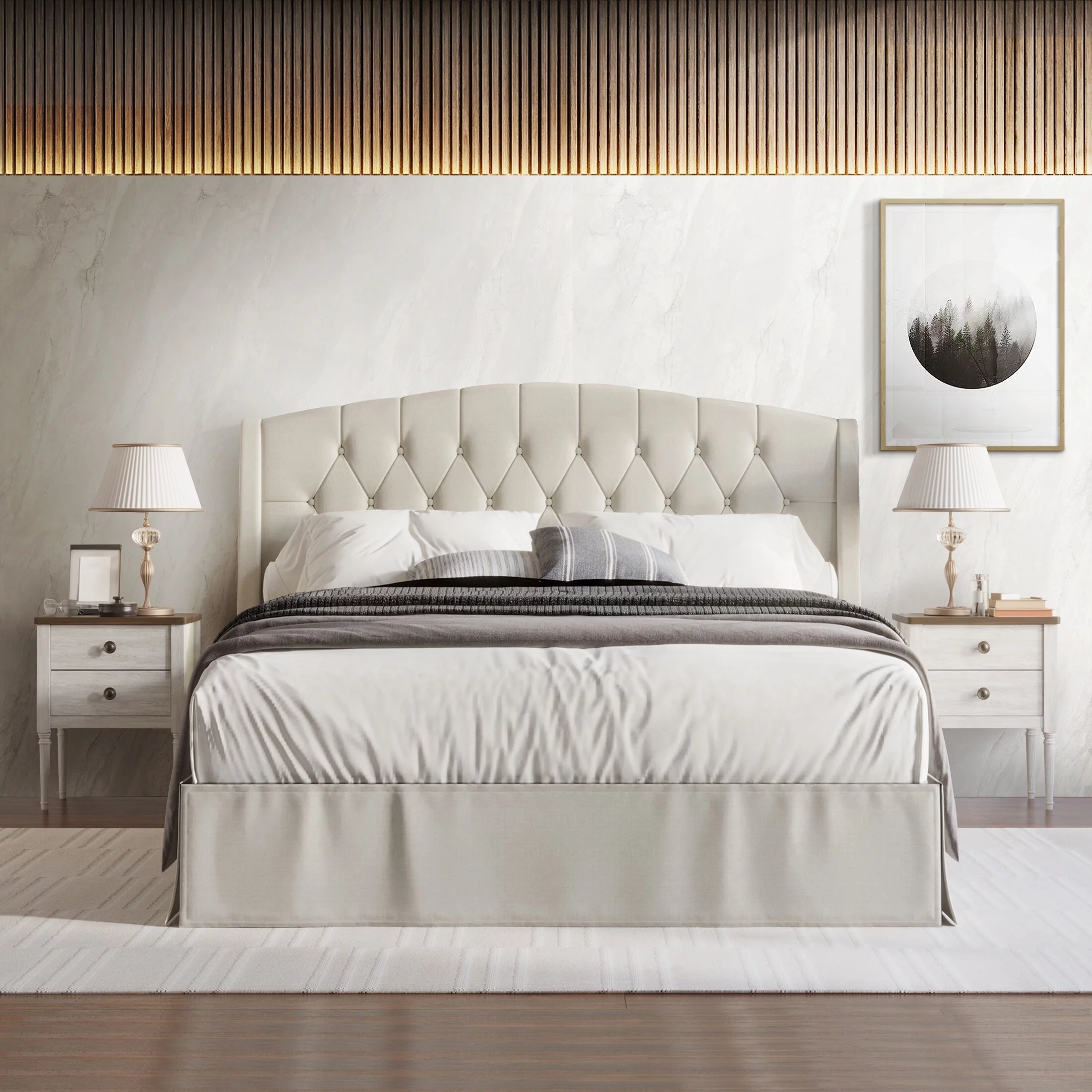 CraftPorch 3 Piece Bedroom Nightstands Set Classic Button Tufted Bed Charcoal Grey - King