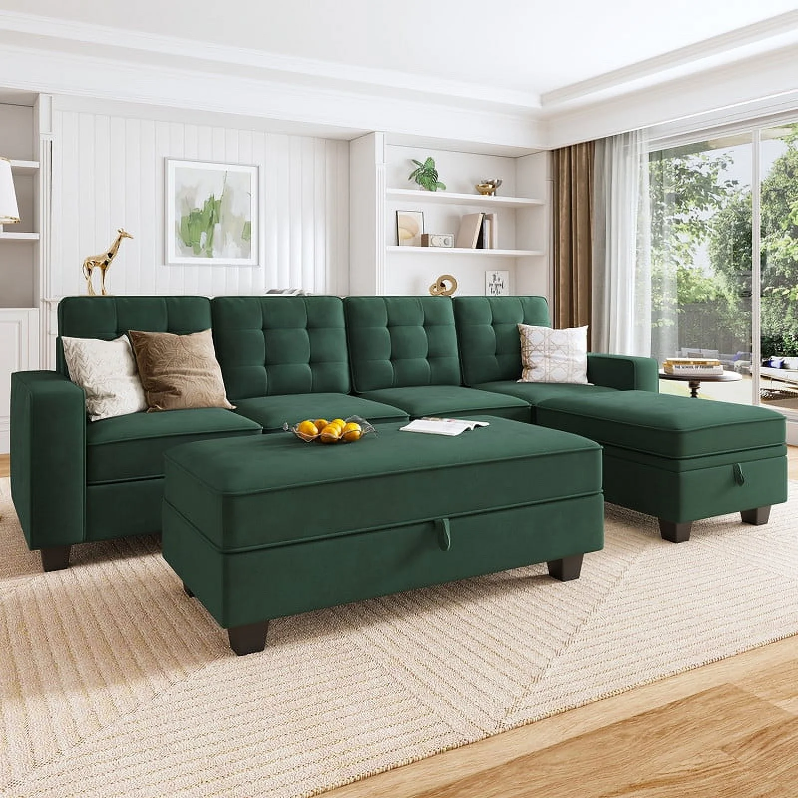 HONBAY Contemporary Plush Sectional Sleeper Sofa Couch with Storage Ottoman, Dark Green