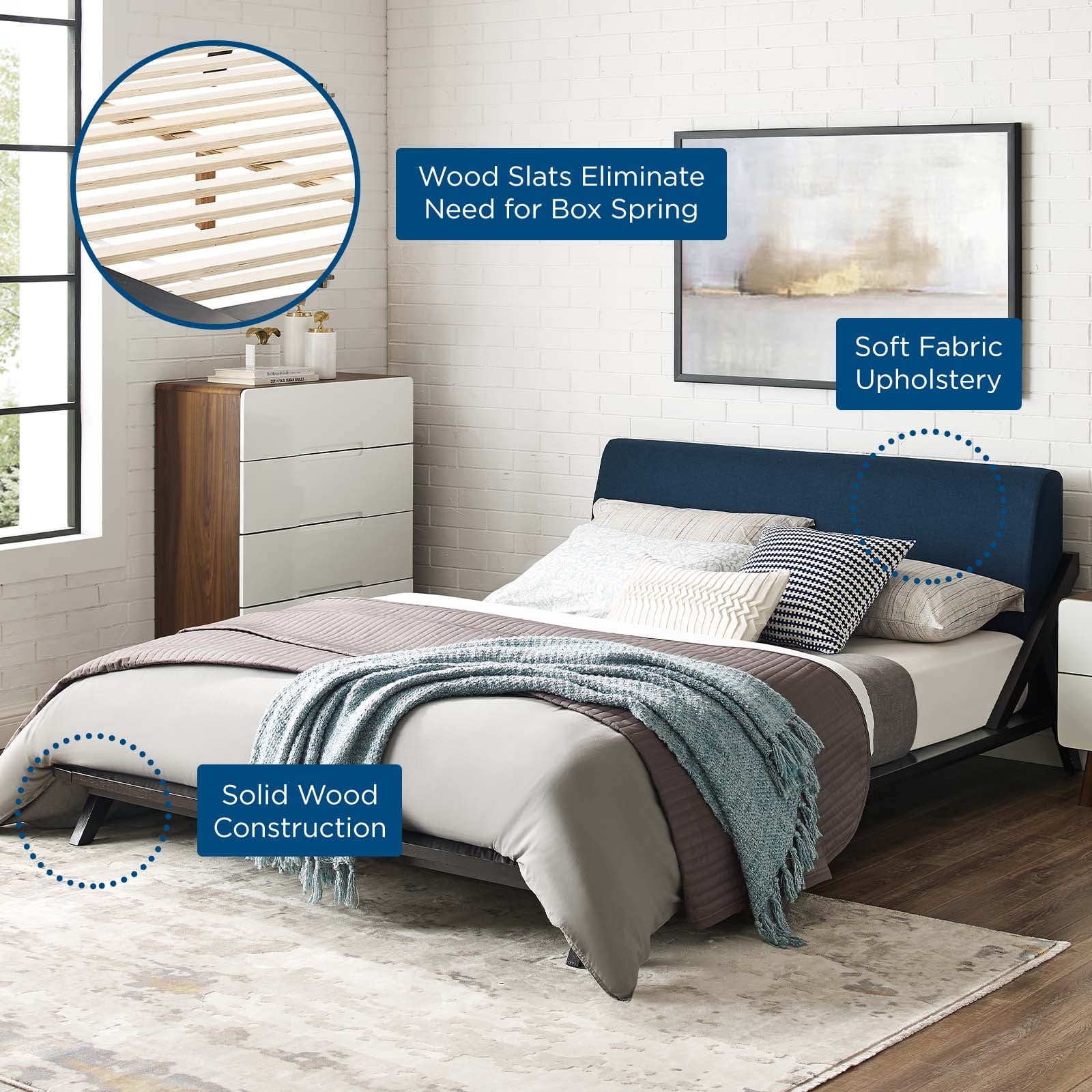 Modern Contemporary Urban Design Bedroom Queen Size Platform Bed Frame, Wood Fabric, Blue Brown Natural