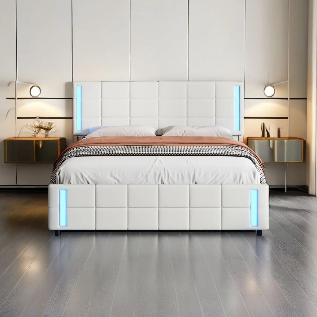 Upholstered Bed with LED Lights and USB Charging, Queen Size Storage Bed Platform Frame with Headboard and 4 Drawers for Bedroom, No Spring Box Required