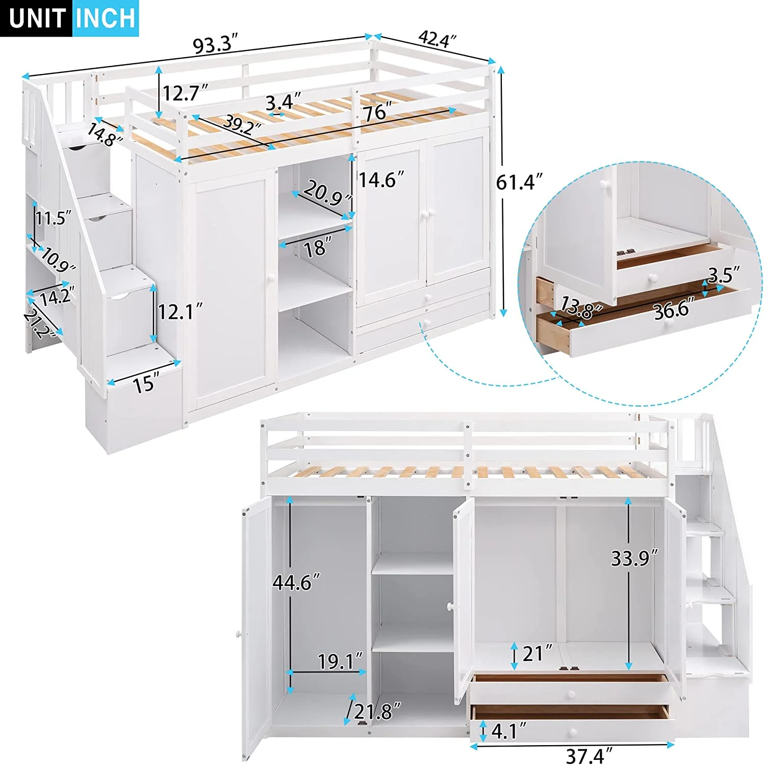 Loft Bed With Stairs, Solid Wood Loft Bed With Storage, Fuctioal Loft Bed With 3 Shelves, 2 Wardrobes Ad 2 Drawers, o Box Sprig eeded ( Size, White)