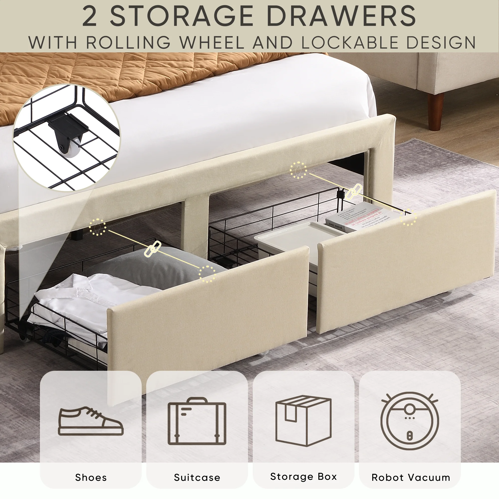 Queen Size Bed Frame with Storage Drawers - Upholstered Bed Frame, Wingback Headboard, Storage Shelf, USB Charging Stations, Strong Wood Slats Support - No Box Spring Needed, Beige