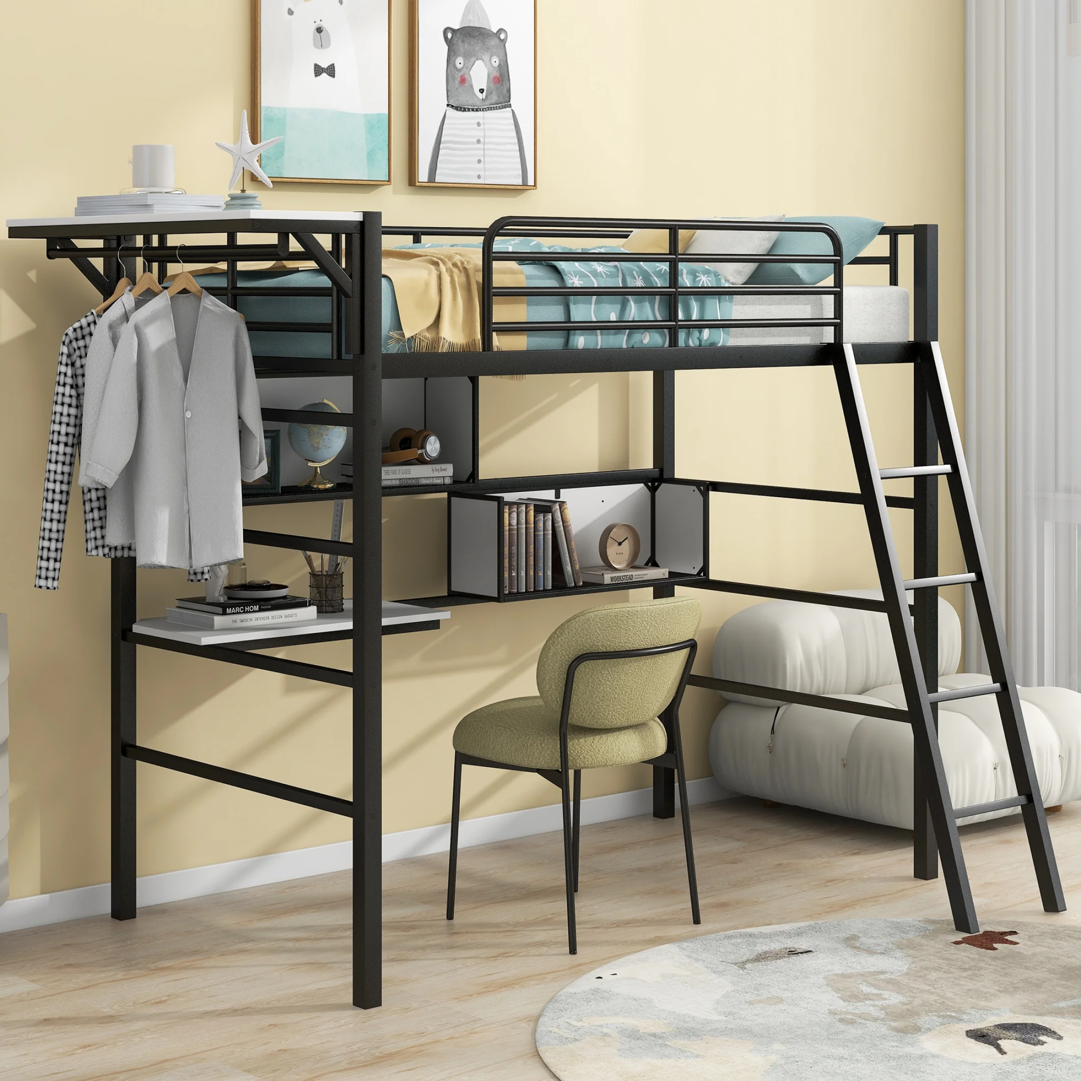 Twin Size Metal Loft Bed with 2 Shelves, a desk and a Hanging Clothes Rack, Black and White(Expected to arrive at 11.07)