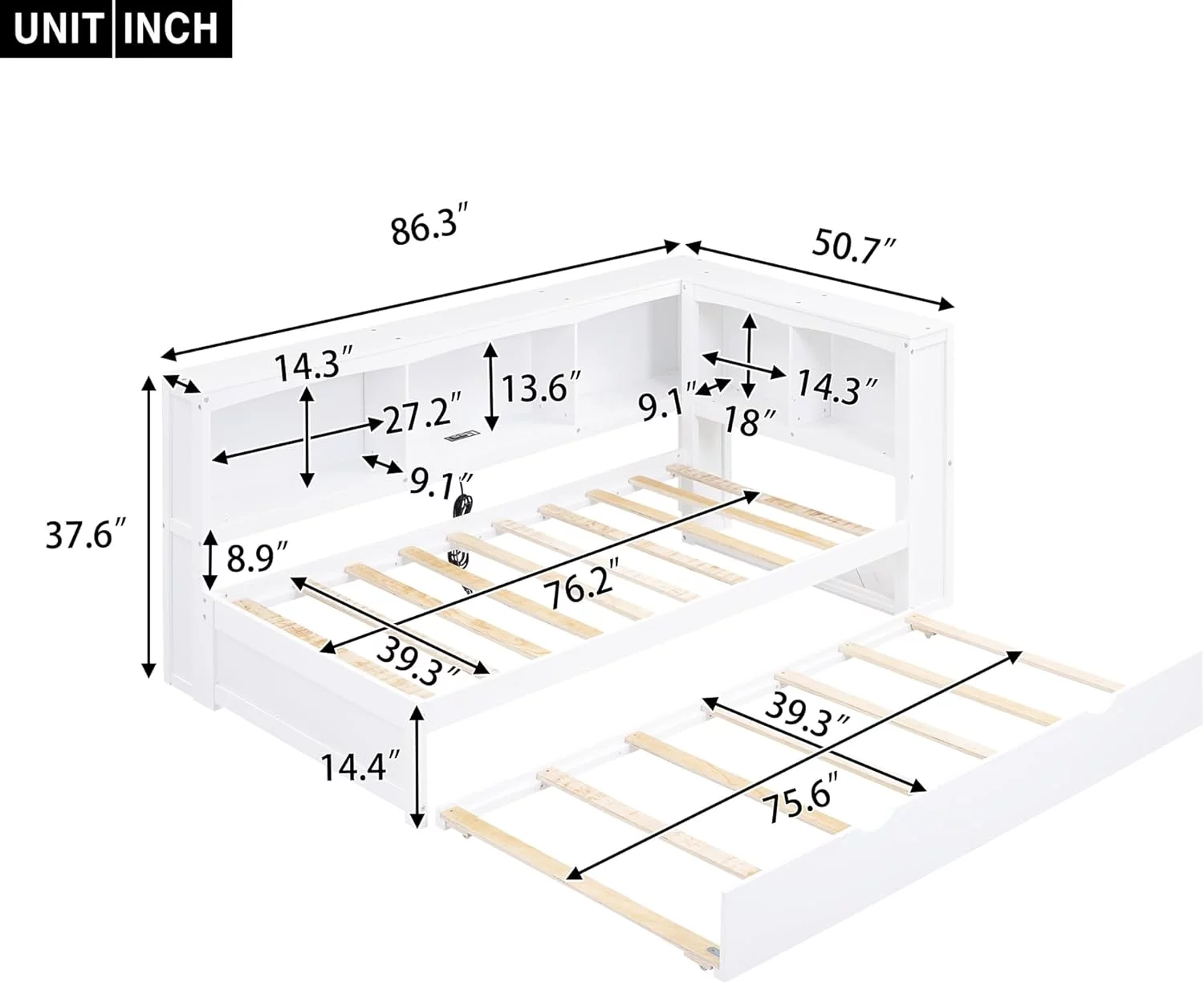 Size Daybed With Trundle, Wood Daybed With L-Shape Bookcase And USB Ports, Daybed With Storage Cabinets And Trundle For Kids Teens Adults, White