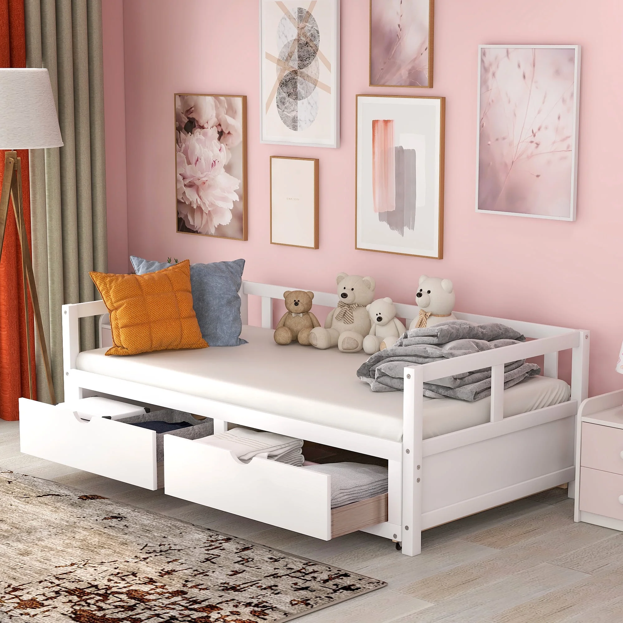 Gewnee Solid Wood Twin Size Extending Daybed with Two Storage Drawers,White