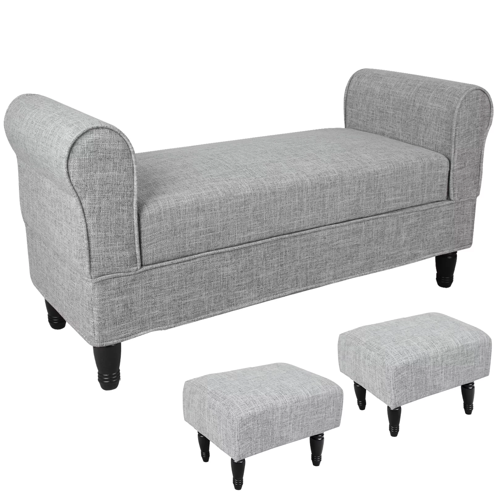 Fionafurn Contemporary Rolled Arm Linen Storage Ottoman Bench with 2 Footstools, End of Bed Bench, Light Gray