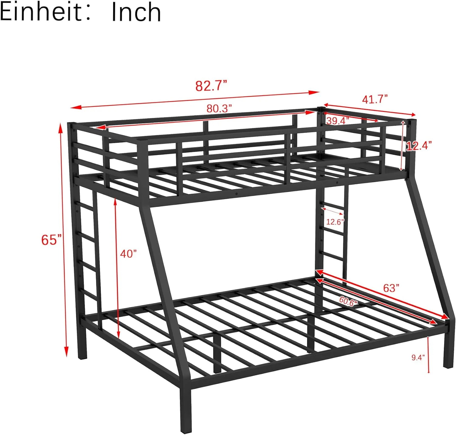 Bunk Bed XL Over Queen Metal Bunk Bed Frame With 2 Ladders And Guardrails, Black